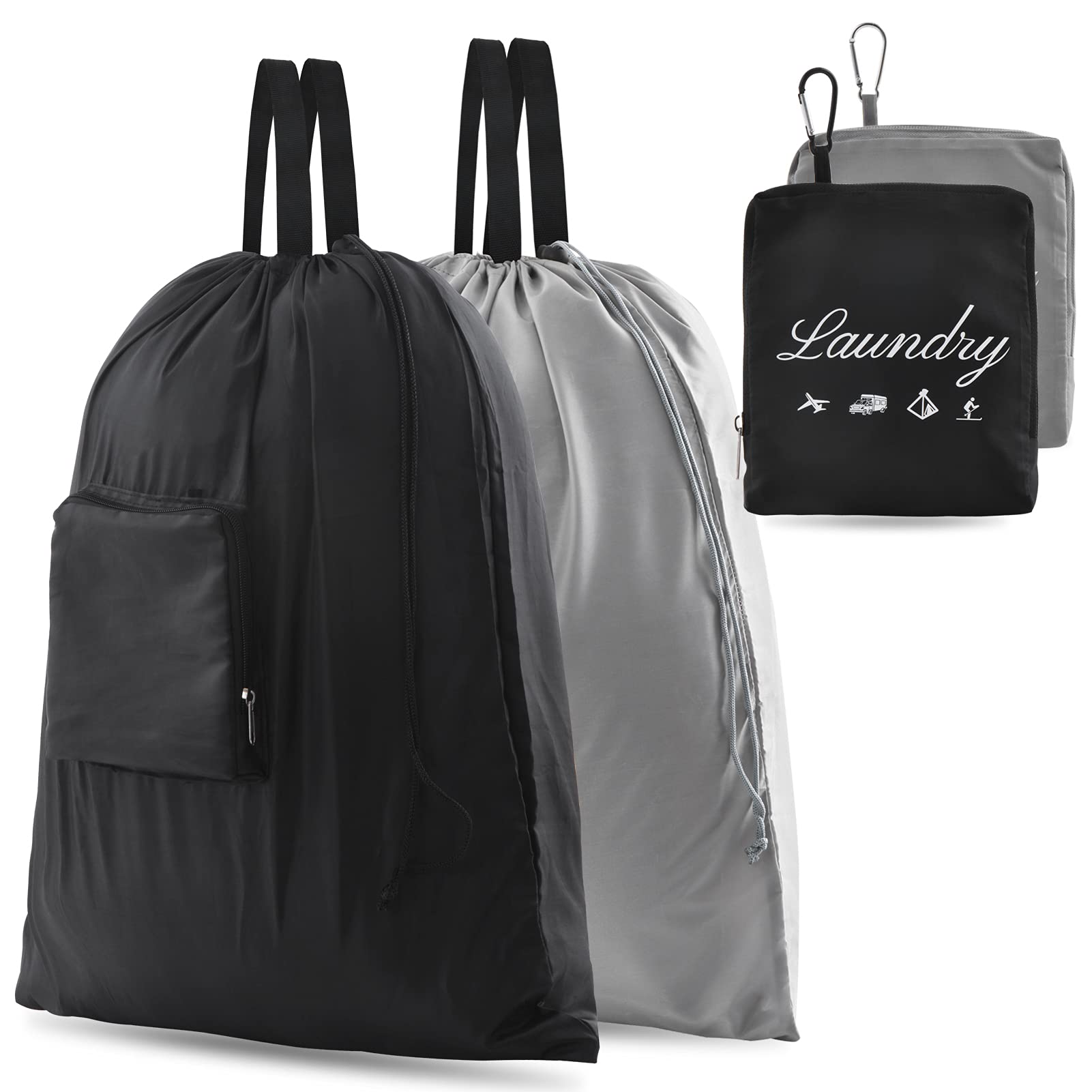Front. DORLUKFU - 2 Pcs Travel Laundry Bags, Dirty Clothes Organizer【Upgraded】with Handles and Aluminum Carabiner for Travel, Camp, - Black&Grey.