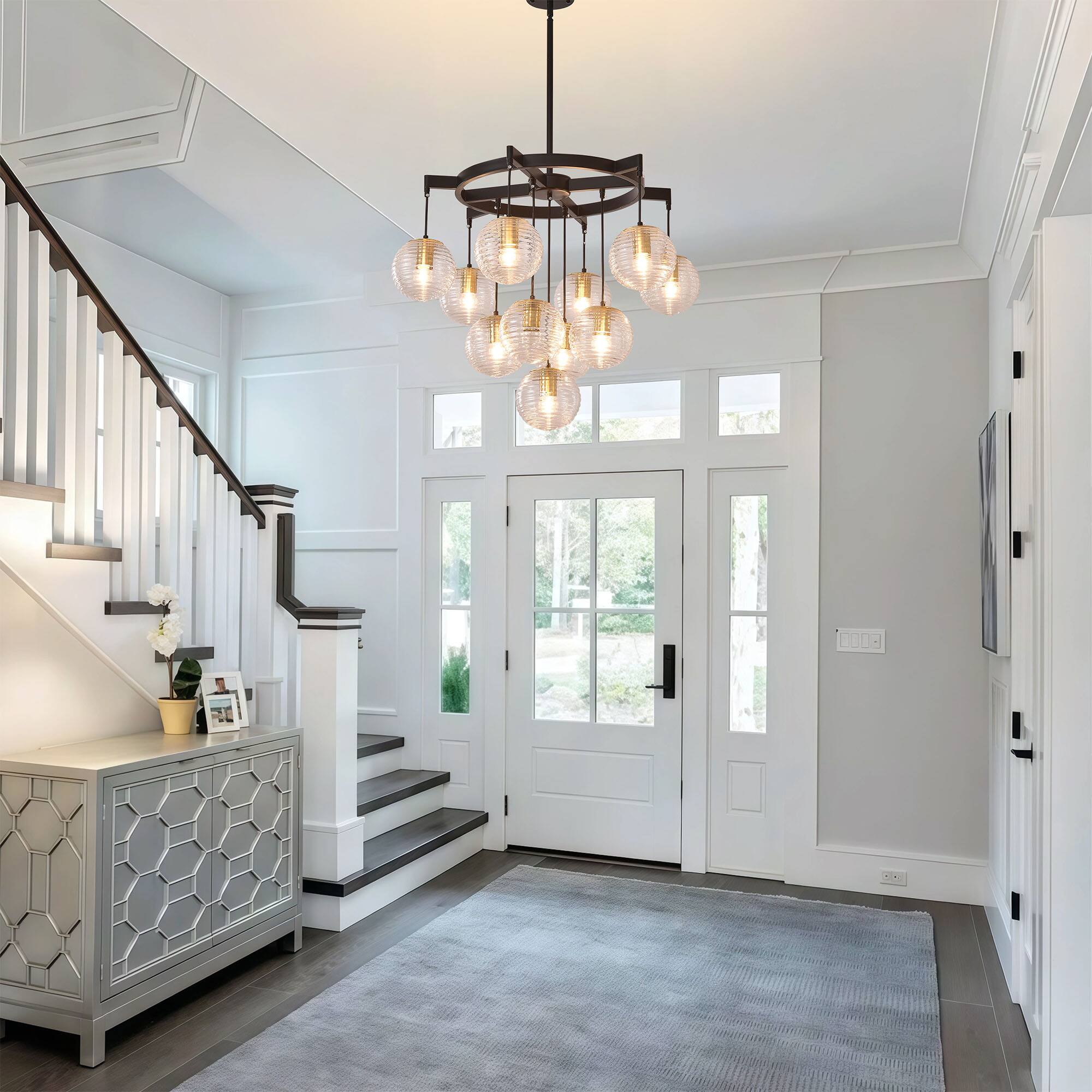 Alt View 1. RYHNUYNE - 28.5" Modern Bubble Chandelier, 11-Light Black Ribbed Glass Pendant Light for Kitchen Island Foyer Entryway - Black.
