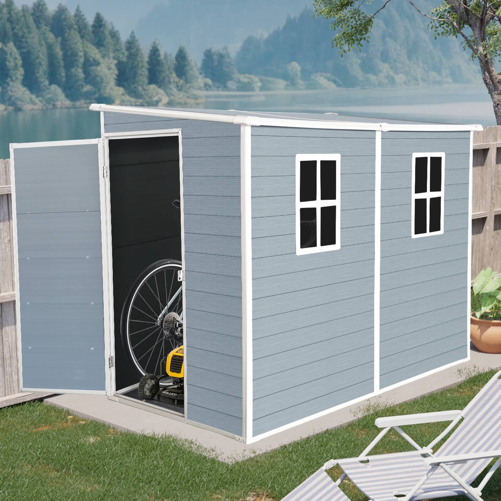 Angle. Mondawe - 4x8ft Outdoor Storage Shed with Floor Resin shed with Two-Window - Grey.