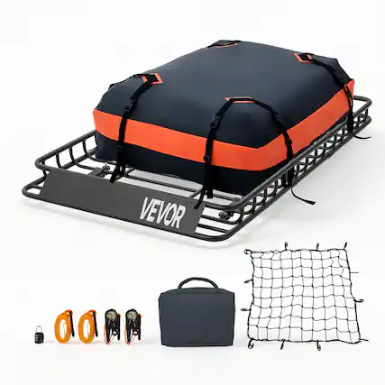 Front. VEVOR - Roof Rack Cargo Basket, 54 x 34 x 4 in, Heavy Duty Roof Top Carrier Basket with Waterproof Bag, Cargo Net,Ratchet Straps - Black;Orange.