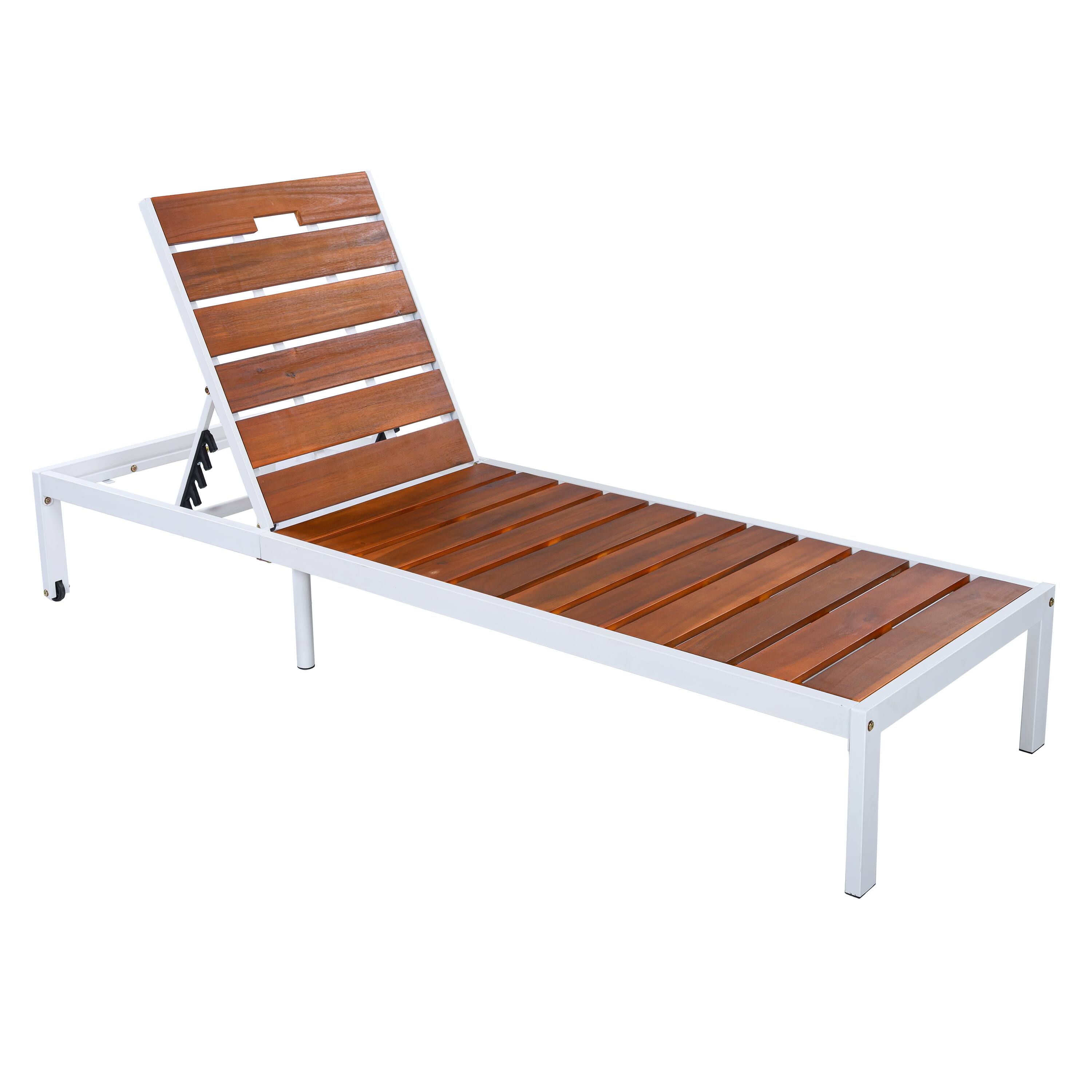 Left. Whisen - Outdoor Chaise Lounge Chair with 6-Position Adjustable Backrest, Durable Acacia Wood and Steel Patio Recliner - White|Brown.