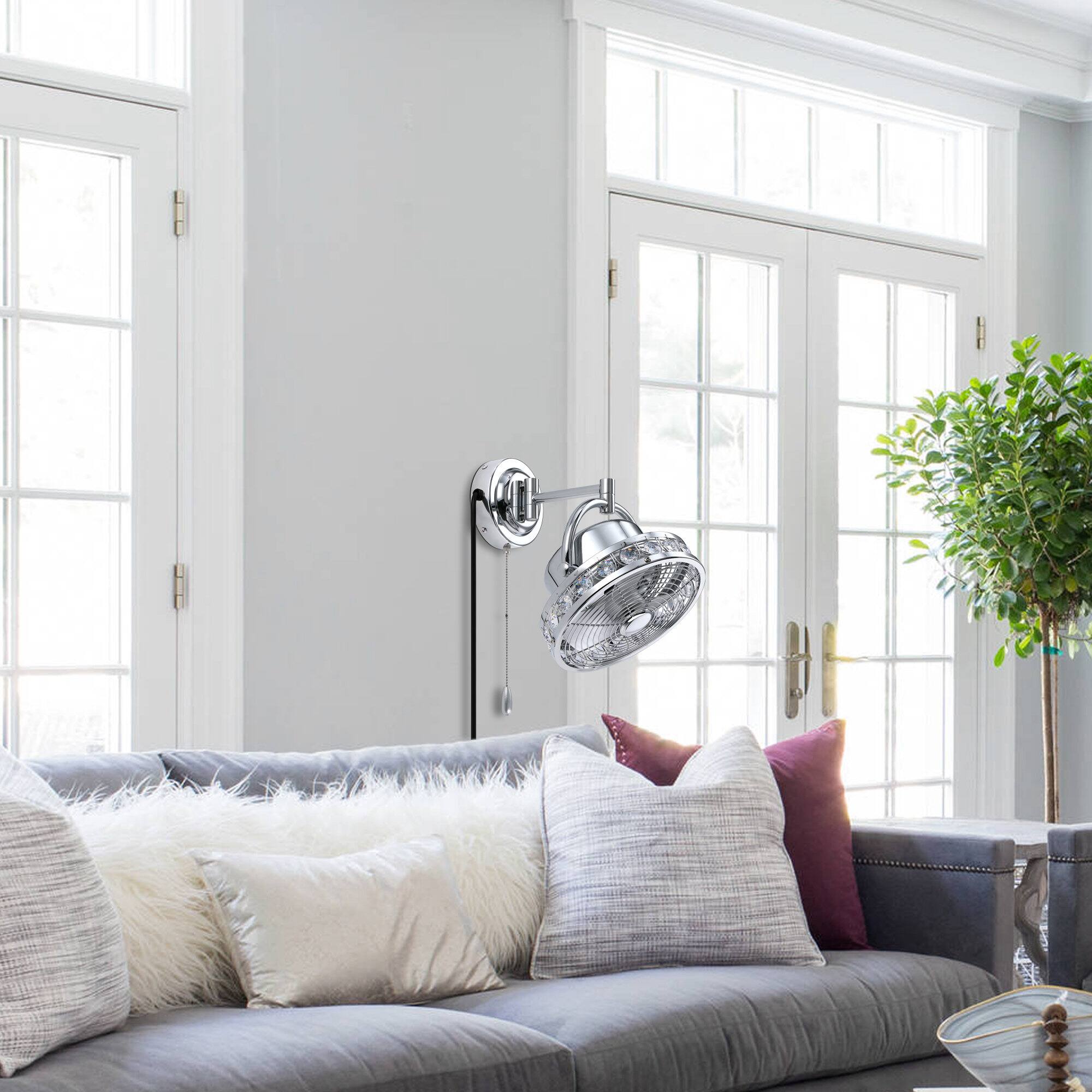 Left. Parrot Uncle - 10" Modern Chrome 3-Blade Crystal Wall Mount Fan with Pull Chain - Chrome.