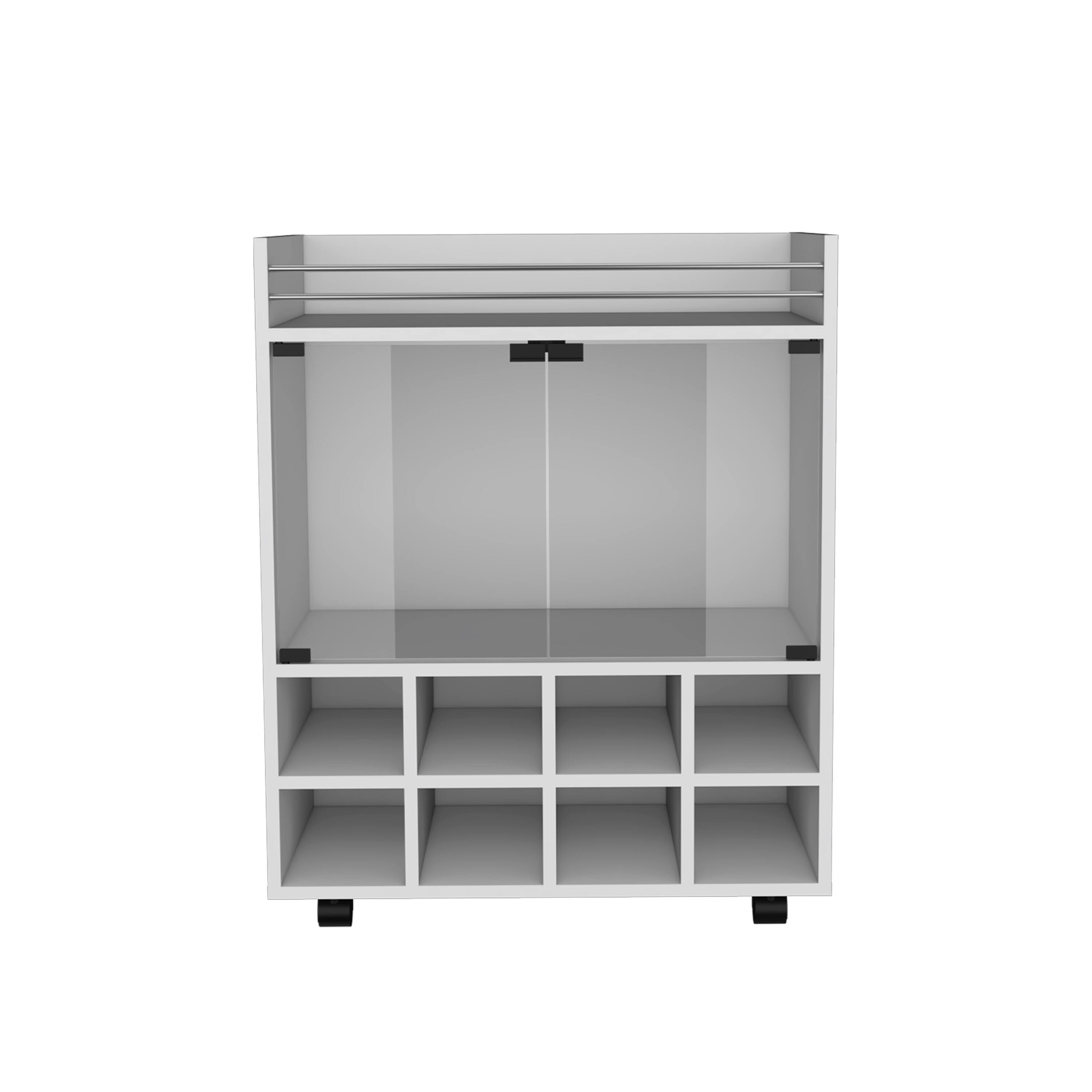 Alt View 2. TuHome - St Andrews Bar Cart with Built-In 8-Bottle Rack, Double Glass Door Cabinet, And Aluminum-Edged Top Surface - White.