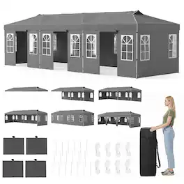Costway - 10 x 30 FT Pop Up Canopy Tent with 8 Sidewalls Adjustable Height Reflective Strips - Gray