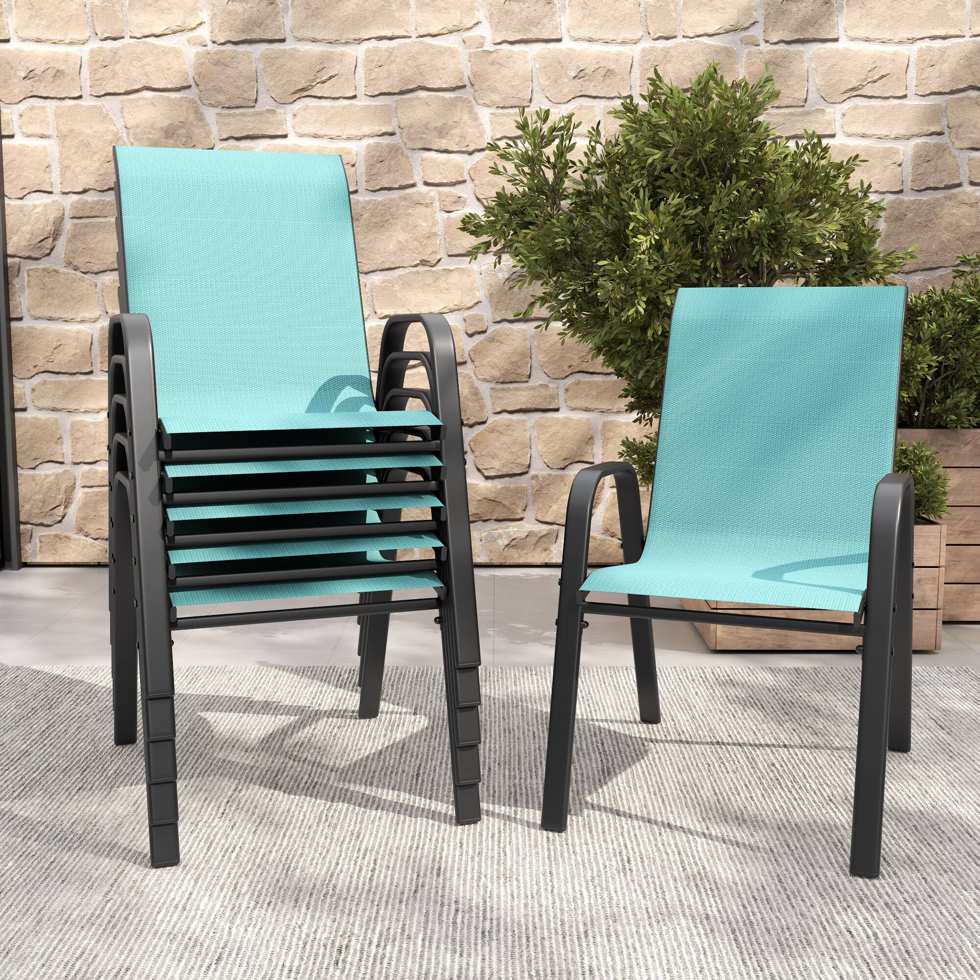 Mondawe - 6-Piece Outdoor Dining Chairs Set, Teslin Fabric and Metal Frame - Black+Sky Blue