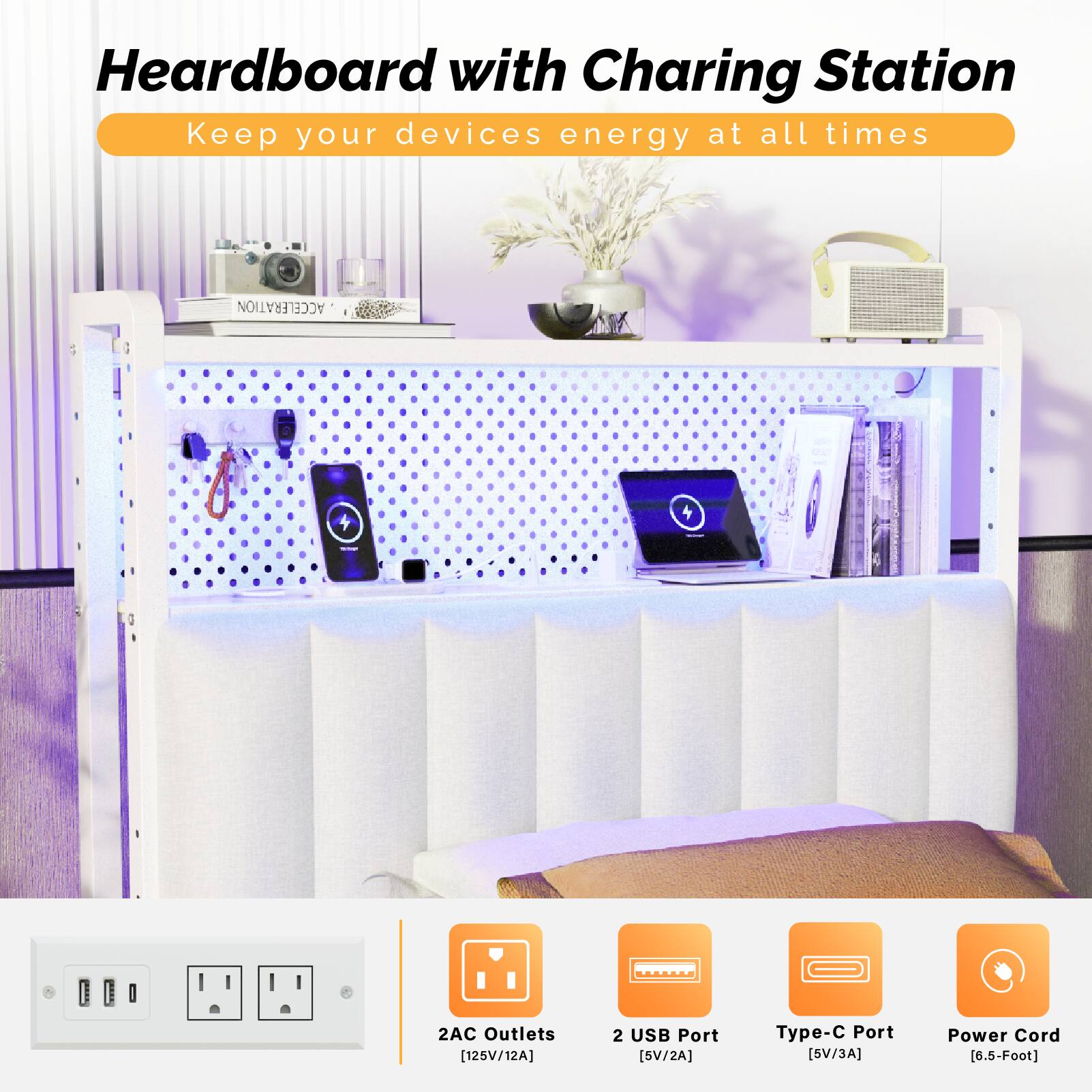 Heardboard with Charging Station  
Keep your devices energy at all times  

- 2AC Outlets [125V/12A]  
- 2 USB Port [5V/2A]  
- Type-C Port [5V/3A]  
- Power Cord [6.5-Foot]
