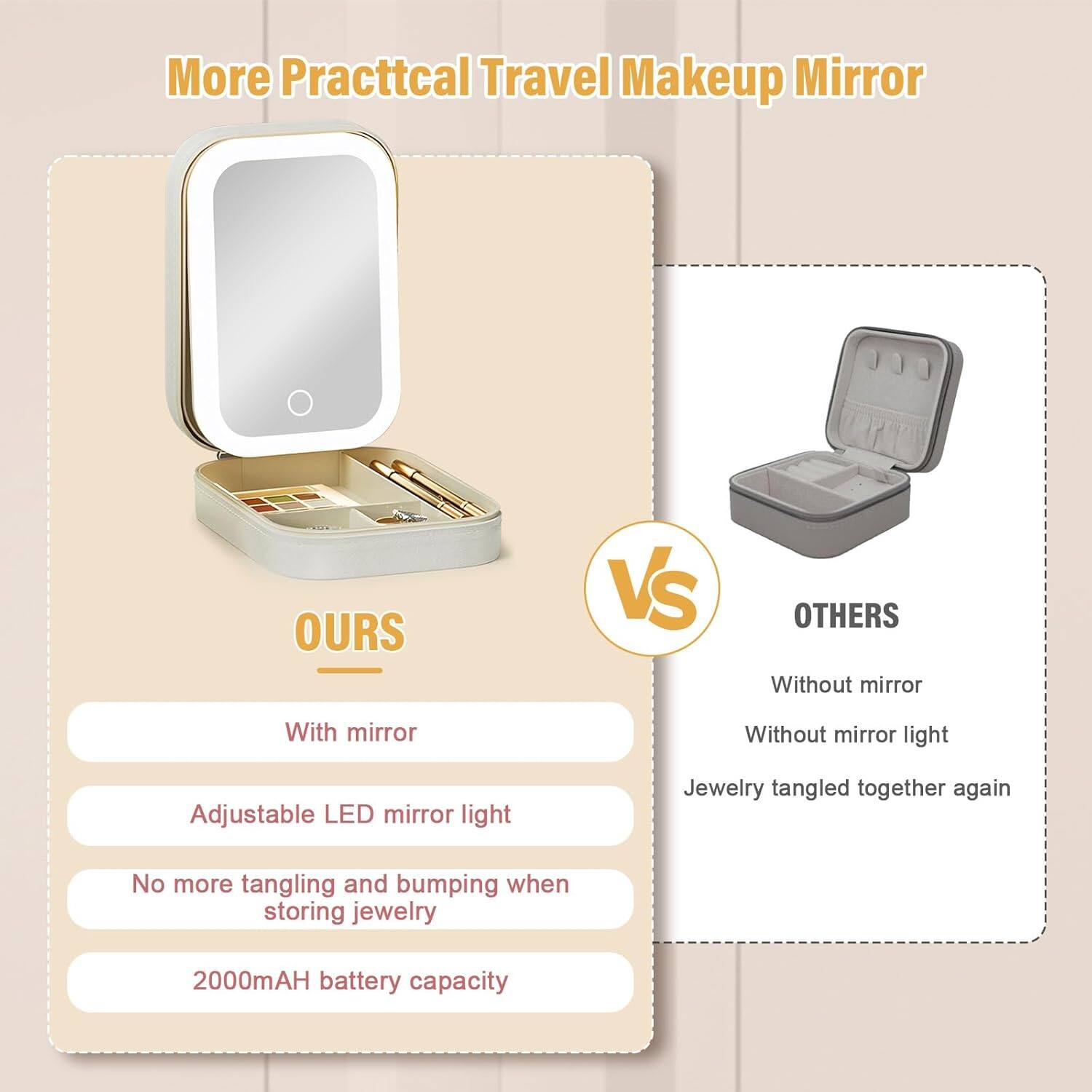 More Practical Travel Makeup Mirror

OURS
- With mirror
- Adjustable LED mirror light
- No more tangling and bumping when storing jewelry
- 2000mAh battery capacity

VS

OTHERS
- Without mirror
- Without mirror light
- Jewelry tangled together again