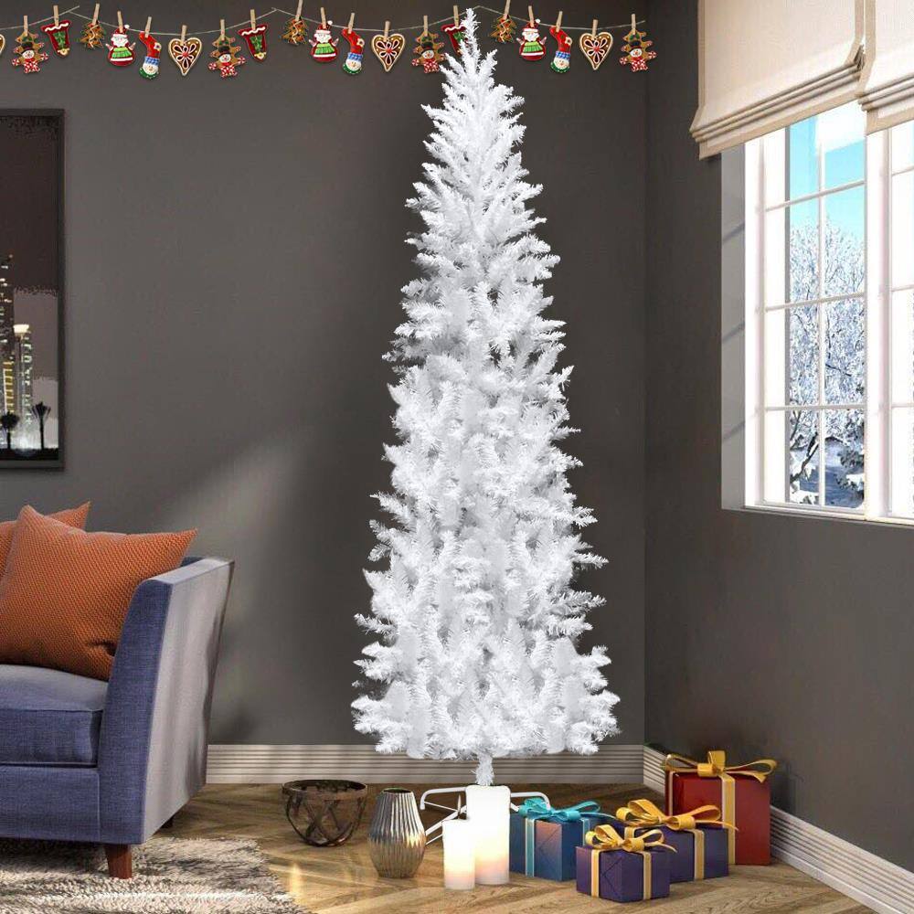 Alt View 2. Winado - 7.5 FT Snow Flocked Pencil Christmas Tree with 1050 Branches, 350 LED Lights, Slim Artificial Xmas Tree - White.