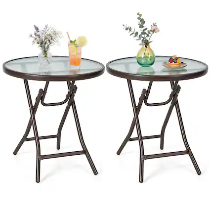 Front. Costway - Costway 2 PCS Patio Side Coffee Table, 18" Round Bistro Table with Tempered Glass Tabletop - Brown.