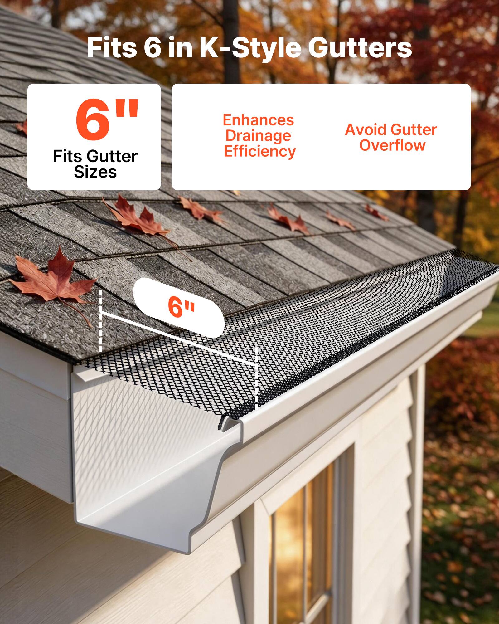 Fits 6 in K-Style Gutters  
6"  
Enhances Drainage  
Avoid Gutter Overflow  
Fits Gutter Sizes 6"