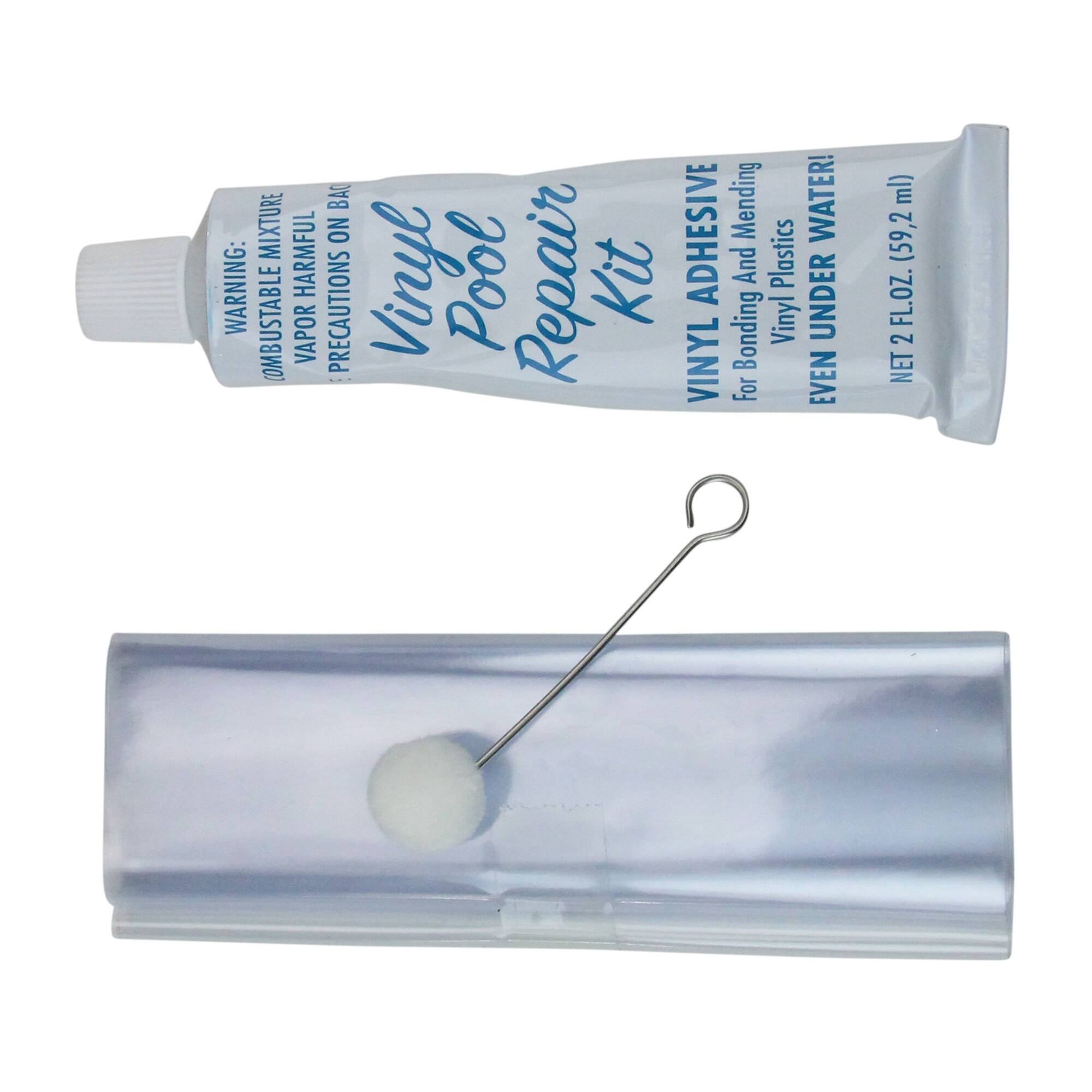 Vinyl Pool Repair Kit

Vinyl Adhesive
For Bonding And Mending Vinyl Plastics
Even Under Water

Net 2 Fl. Oz. (59.2 ml)

Warning:
Combustible Vapor
Vapor Harmful
Precations: Keep Out Of Reach Of Children
Do Not Use Near Open Flame