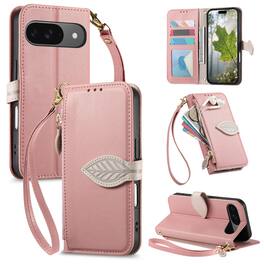Dteck - Case for Google Pixel 11 Pro XL Shockproof Flip PU Leather Zipper Card Slot Leaf Magnetic Buckle Wallet Cover With Strap - Rosegold