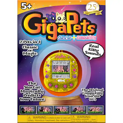5+ 25th Anniversary Gigapets StarCat Compukitty 2 Pets in 1 Classic Real or Kitty Magic Sounds Gigalets 8 ?! The Star Cat Left Magically Predicts Your Future MODE Right ENTER The Original Compukitty from the 90's ! WARNING: Contains button or coin cell. WARNING: CHOKING HAZARD-- Small battery. Hazardous if swallowed. See instructions. Not for children under 3 years.
