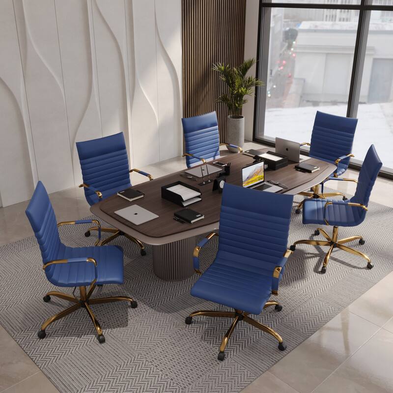 Angle. LeisureMod - Harris Ergonomic High-Back Office Chair Leather Upholstery, Adjustable Swivel, Tilt, and Gold Stainless Steel Frame - Navy Blue.