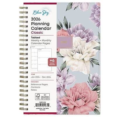 Blue Sky  
2026 Planning Calendar Classic  
Tabbed Weekly + Monthly Calendar Pages  
+6 Bonus Months  
YEAR Jan 2026 - Dec 2026  
INCLUDES Reference Pages, Contacts, Notes  
FSC FRC Cnl273 16237