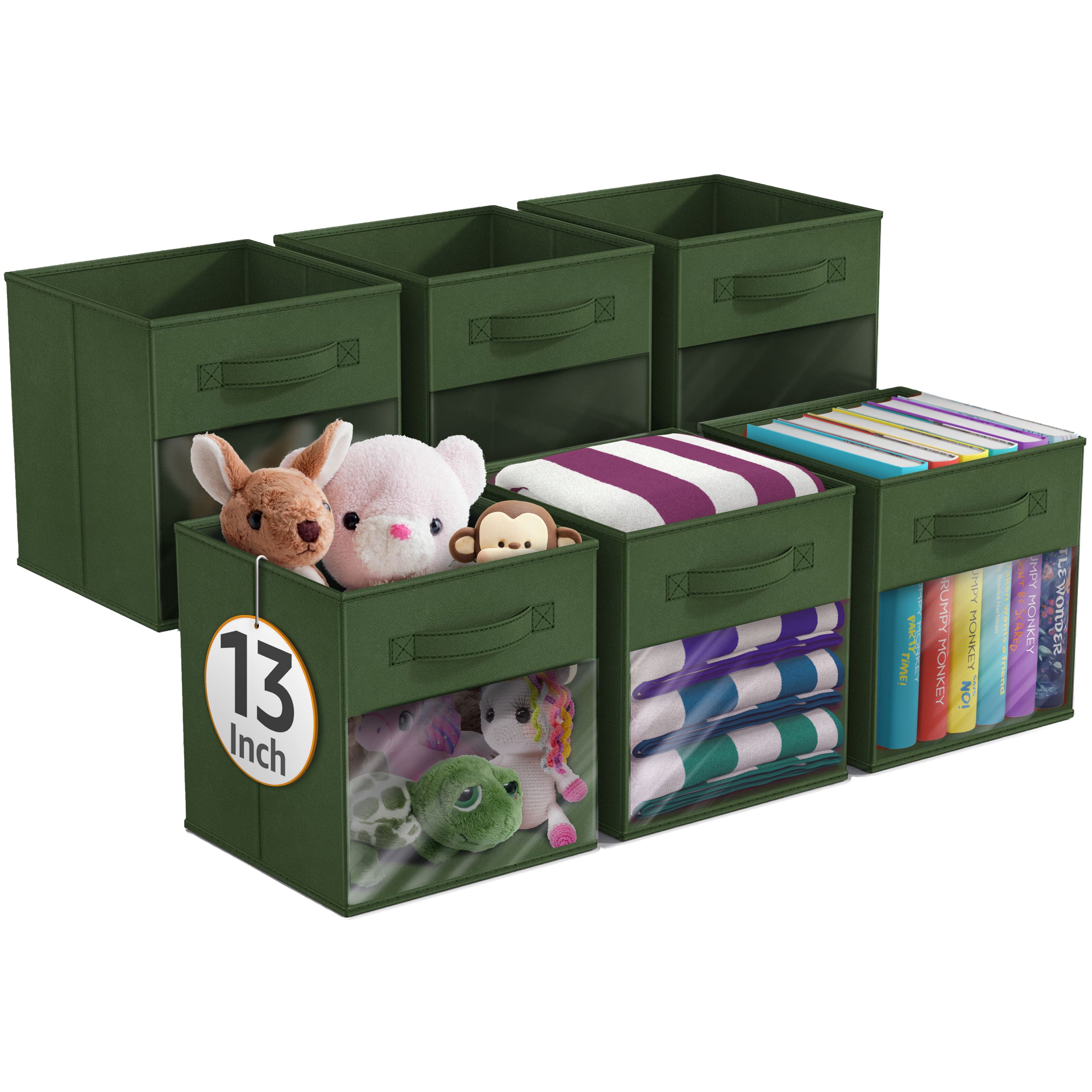 Sorbus - 13 Inch Storage Bins with Clear Window, 6 Foldable Baskets for Organizing Clothes, Storage Cubes with Handle - Dark Green