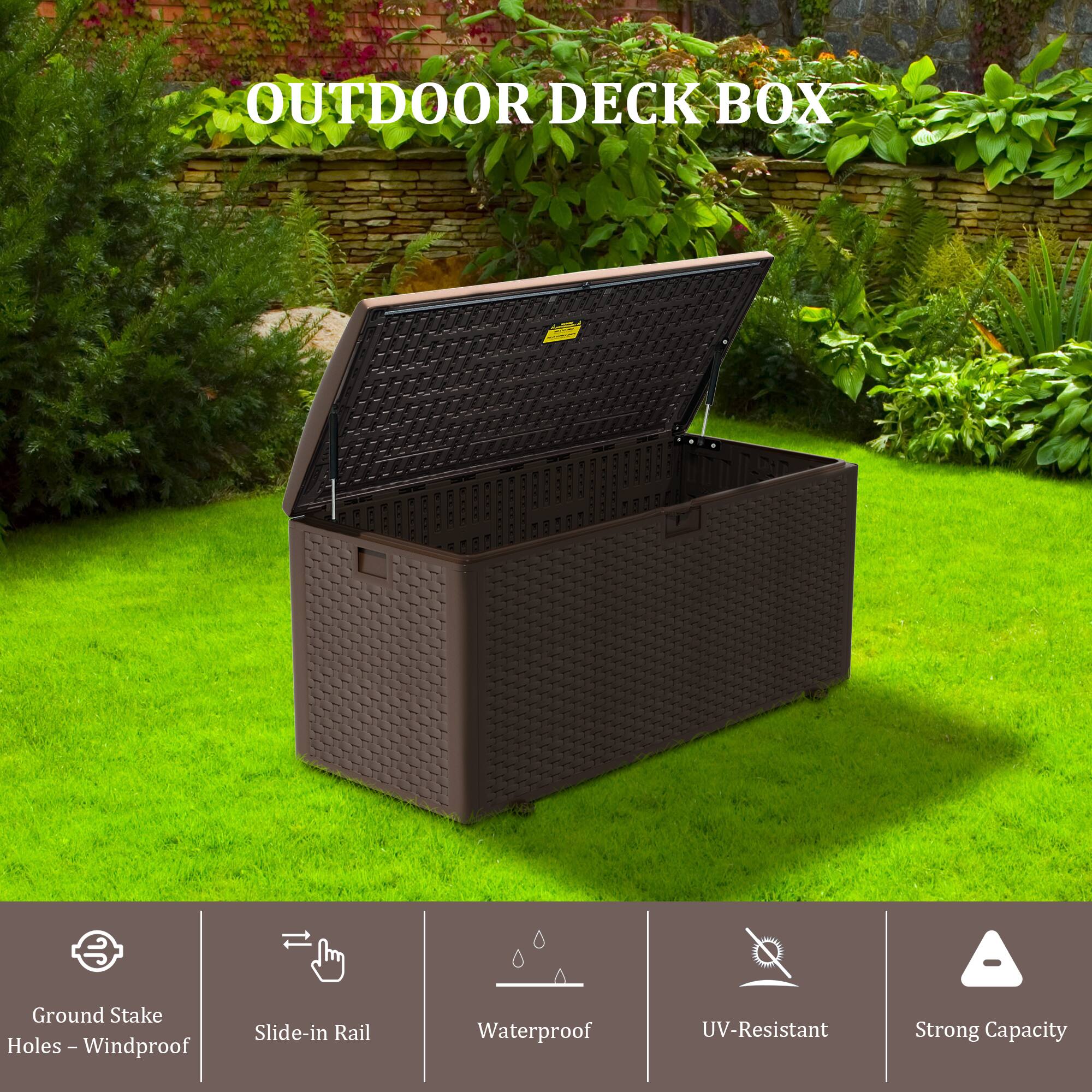 OUTDOOR DECK BOX

- Ground Stake Holes - Windproof
- Slide-in Rail
- Waterproof
- UV-Resistant
- Strong Capacity