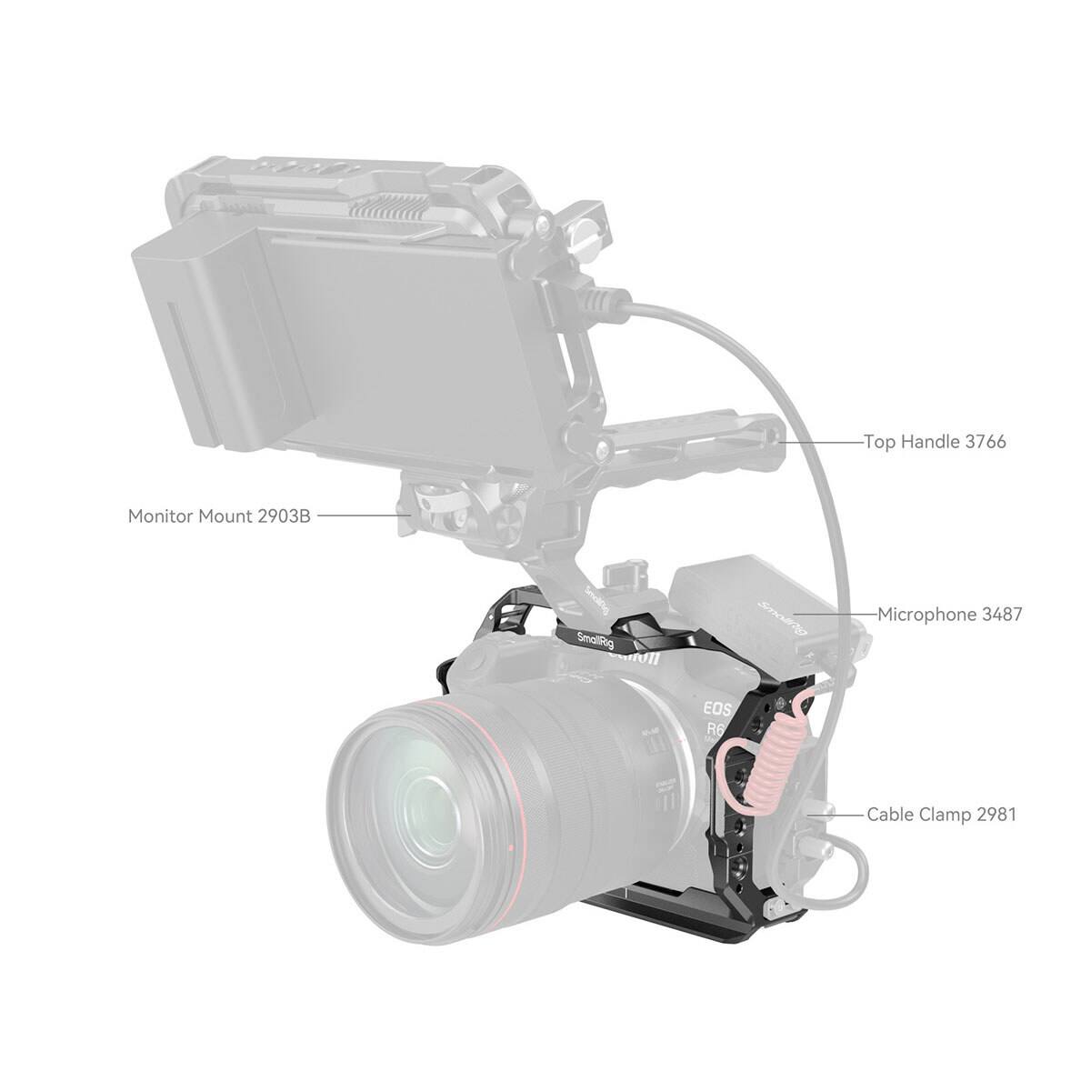Top Handle 3766  
Monitor Mount 2903B  
SmallRig  
Microphone 3487  
EOS R6  
Cable Clamp 2981