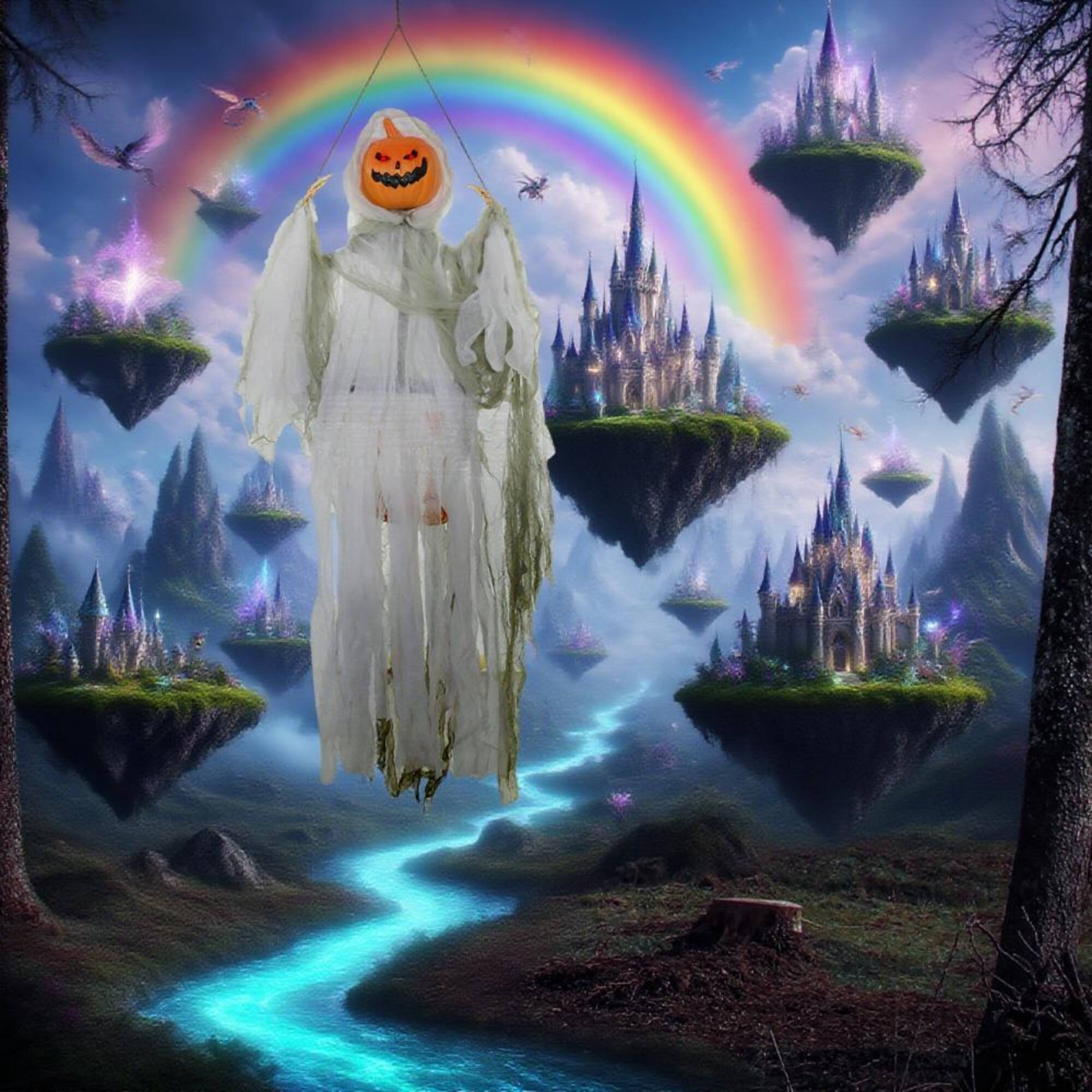 Alt View 1. Ecooso - Sound-Activated Hanging Pumpkin Ghost with Glowing Red Eyes for Indoor or Covered Outdoor Halloween Décor - Light Green.