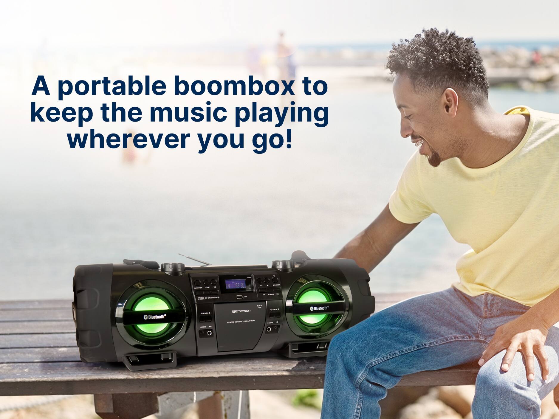 A portable boombox to keep the music playing wherever you go! I E 92 I + - : i Bluetooth* ..-. CeS - -  ... I I Bluetooth* I