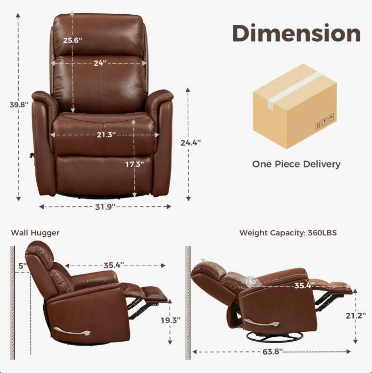 25.6"  
Dimension  
24"  
39.8"  
21.3"  
24.4" L  
17.3"  
One Piece Delivery  
31.9"  
Wall Hugger  
Weight Capacity: 360LBS  
5"  
35.4"  
150  
35.4  
19.3"  
21.2"  
63.8"