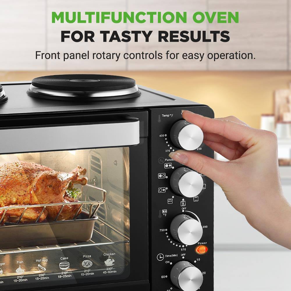 MULTIFUNCTION OVEN FOR TASTY RESULTS

Front panel rotary controls for easy operation.

Temp °F
- 450
- 376
- 230
- 180
- 150
- 100
- 750
- 90
- OFF

Power
- 600
- 570
- 540
- 510
- 480
- 450
- 420
- 390
- 360
- 330
- 300
- 270
- 240
- 210
- 180
- 150
- 120
- 90
- 60
- 30
- OFF

Time (Min)
- 60
- 50
- 40
- 30
- 20
- 10
- OFF
- ON

Functions:
- Fish: 230°F, 15-20 min
- Hot