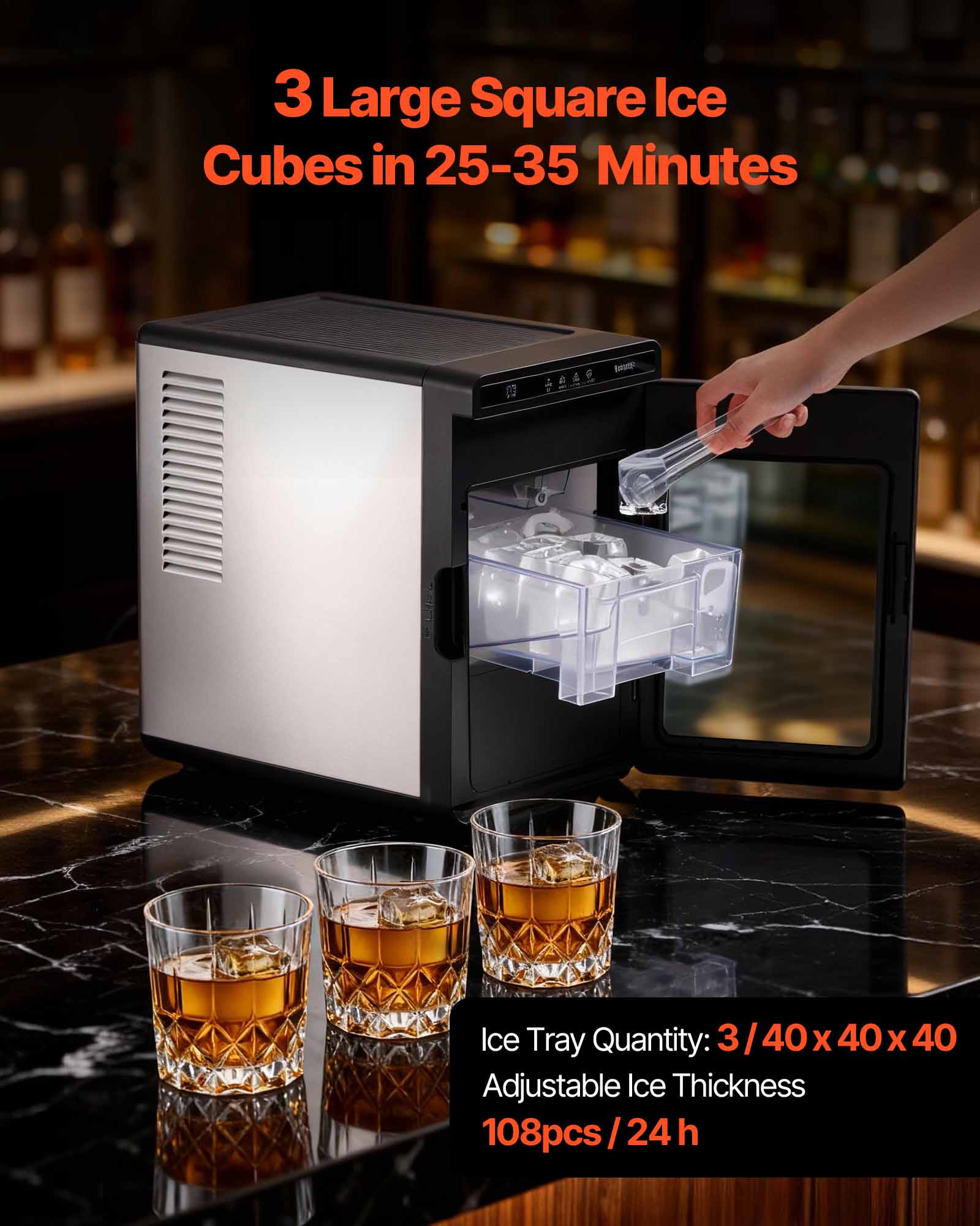 3 Large Square Ice Cubes in 25-35 Minutes

Ice Tray Quantity: 3/40x40x40

Adjustable Ice Thickness

108pcs/24h