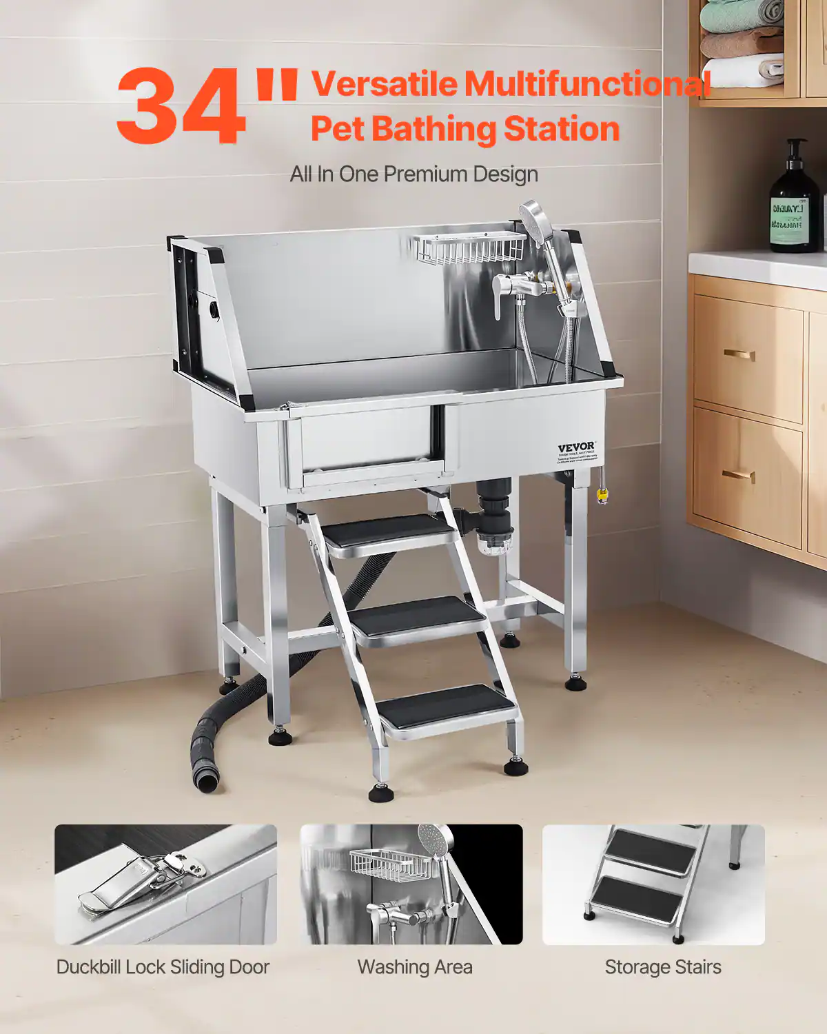 34" Versatile Multifunctional Pet Bathing Station  
All In One Premium Design  

Duckbill Lock Sliding Door  
Washing Area  
Storage Stairs