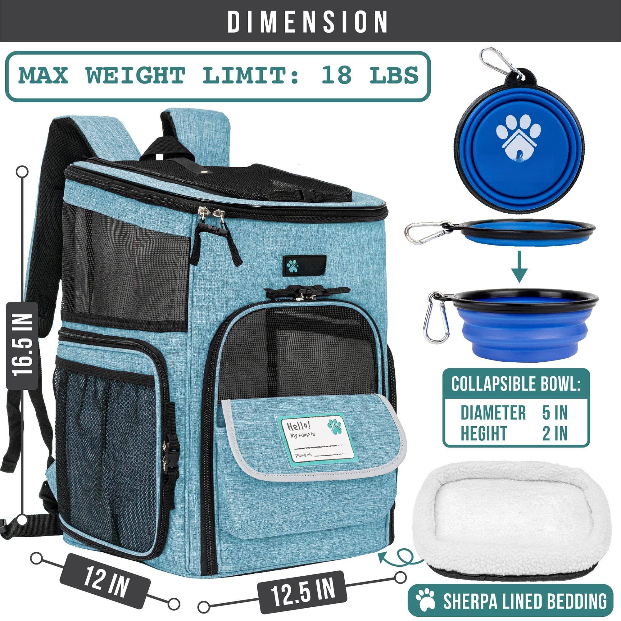 DIMENSION  
MAX WEIGHT LIMIT: 18 LBS  

16.5 IN  
12 IN  
12.5 IN  

COLLAPSIBLE BOWL:  
DIAMETER 5 IN  
HEIGHT 2 IN  

SHERPA LINED BEDDING
