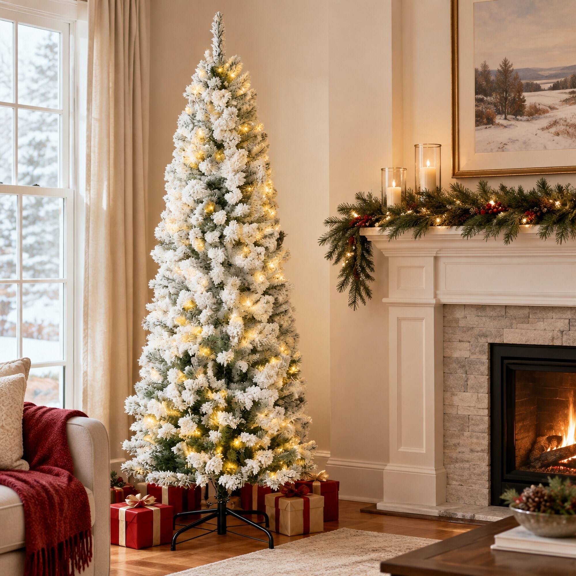 Left. RYHNUYNE - Artificial Fir Christmas Tree With Pre-Strung LED Lights, Realistic Hinged Branches Easy Assembly Holiday Decor - Green,White.