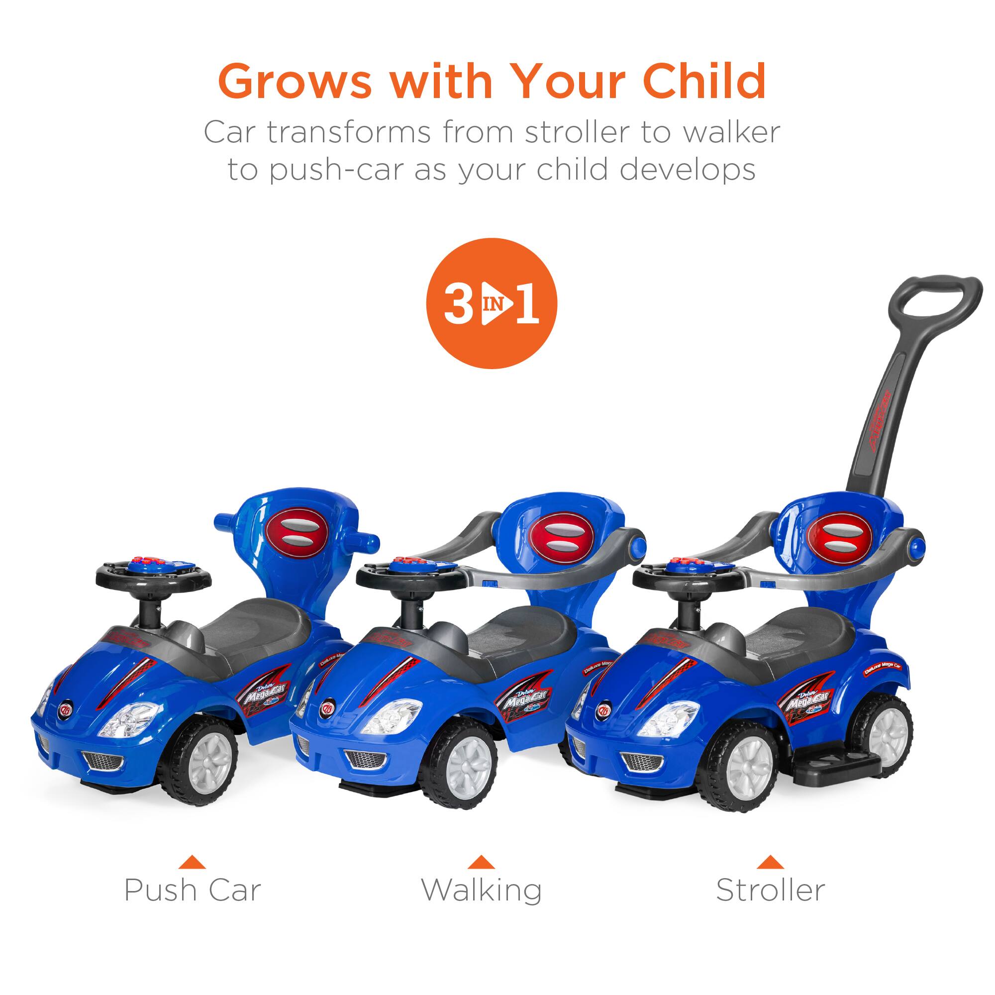 Grows with Your Child: Car transforms from stroller to walker to push-car as your child develops. 3 IN 1. Push Car, Walking Stroller.