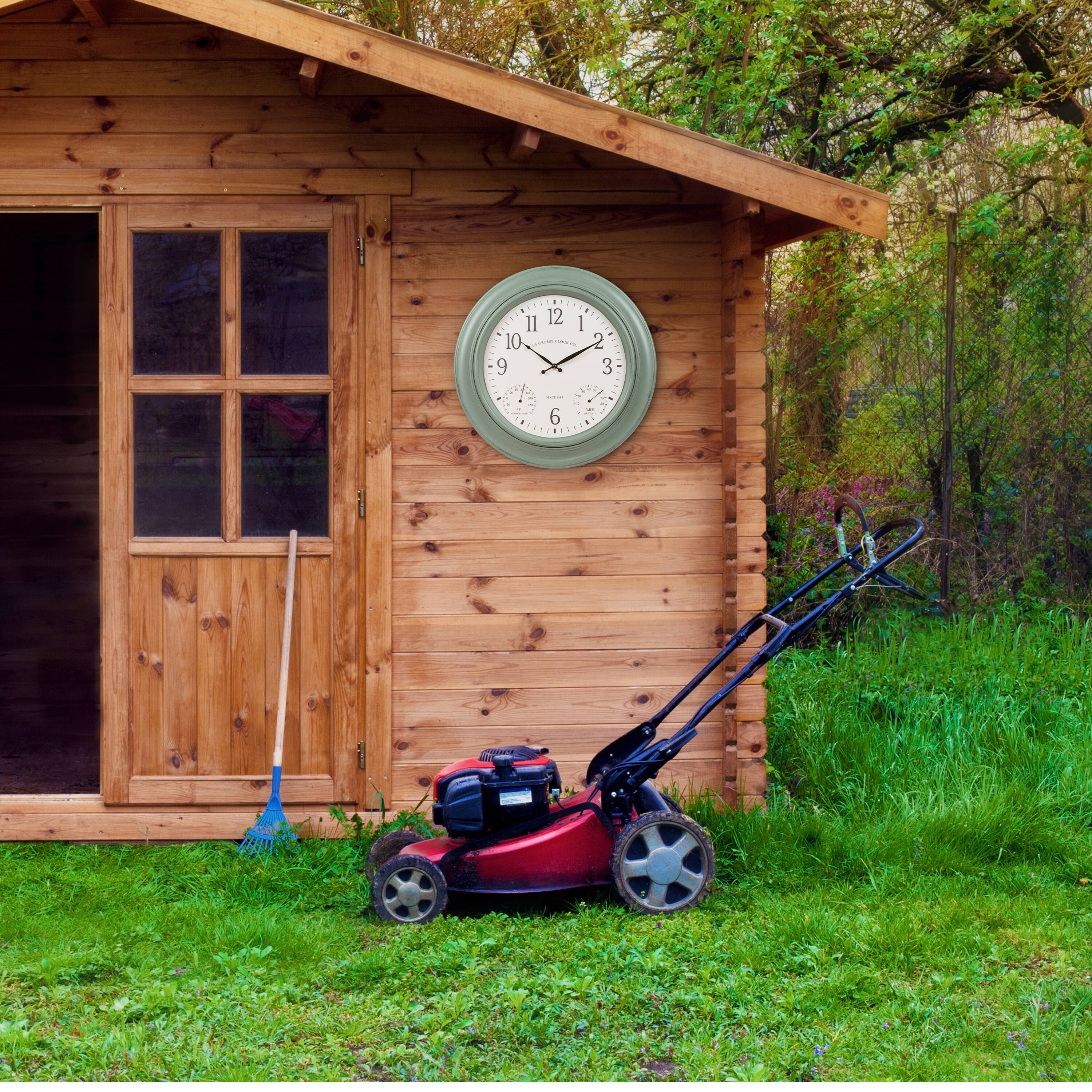 Alt View 2. La Crosse Clock Co. - 18 Inch Sage Green Indoor/Outdoor Quartz Analog Wall Clock with Temperature & Humidity - Sage Green.
