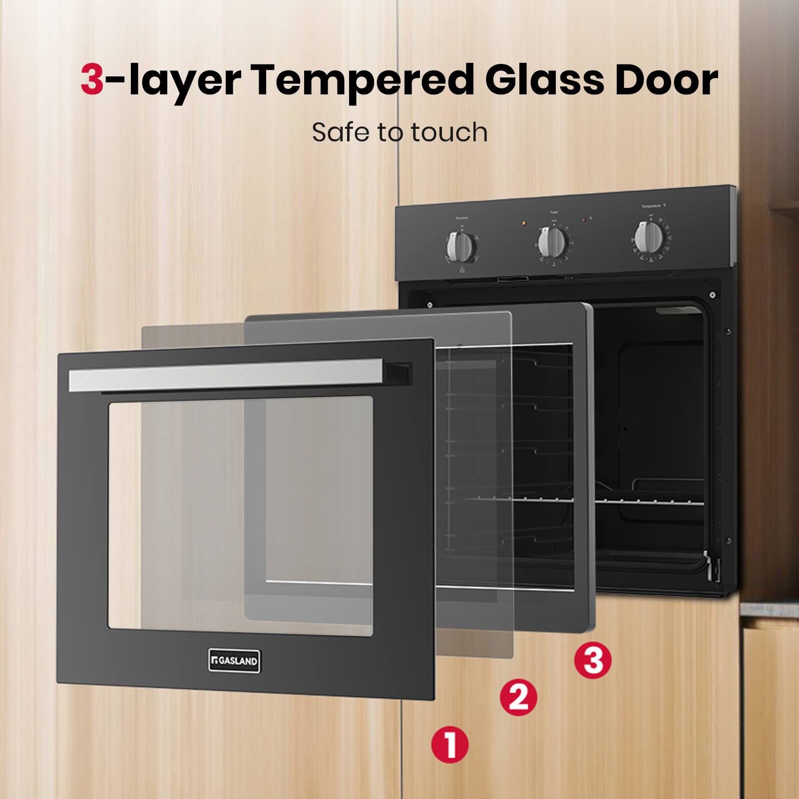 3-layer Tempered Glass Door  
Safe to touch  

1.  
2.  
3.