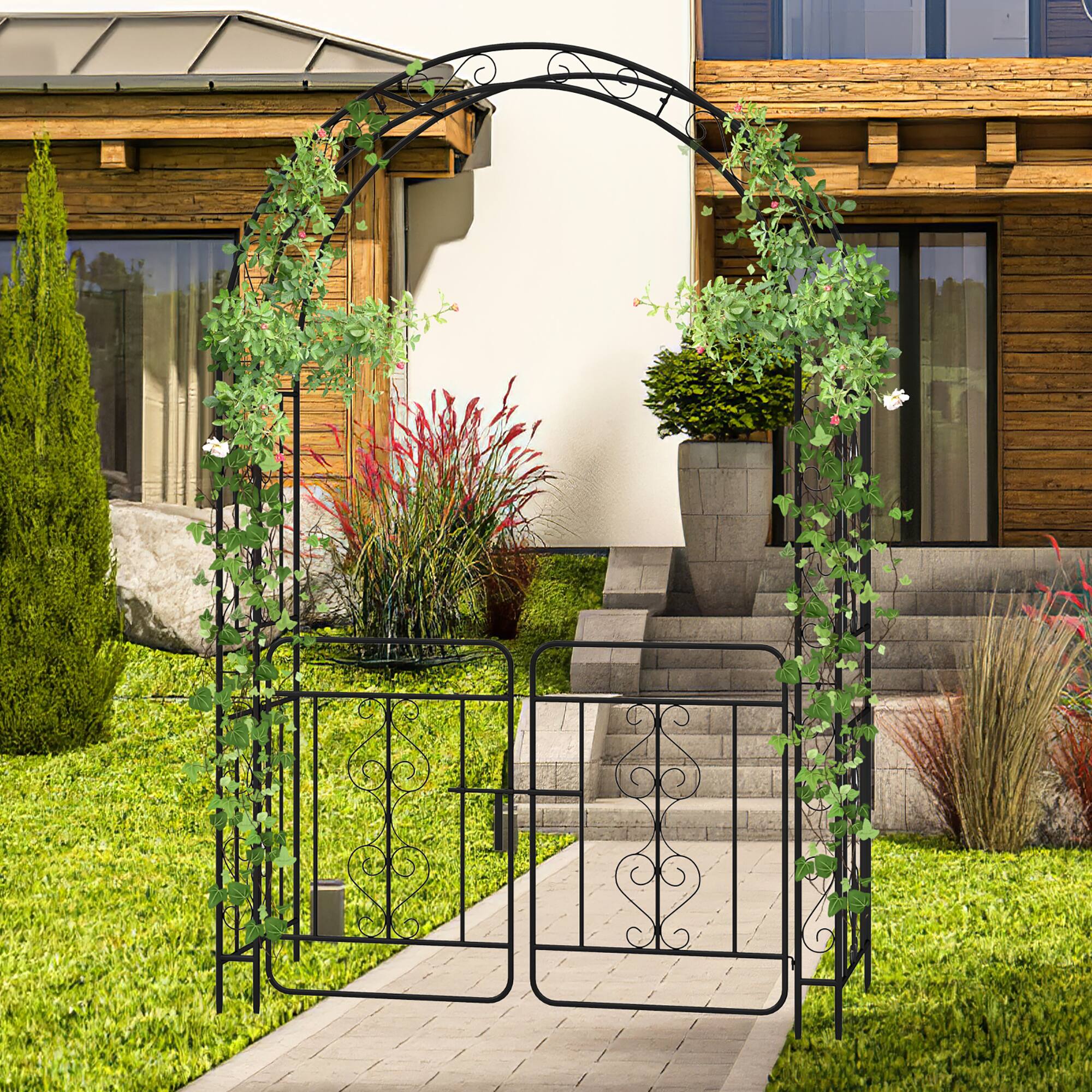Alt View 4. Gymax - Gymax 84'' No Dig Arch Trellis Heavy-duty Metal Garden Arbor w/ Lockable Gate - Black.