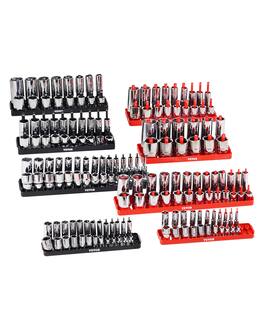 VEVOR - Socket Organizer Set, 8PCS High-Rod Socket Holder, 1/4'', 3/8'' & 1/2'' Metric SAE Socket Trays with Clear Labels - Red, black