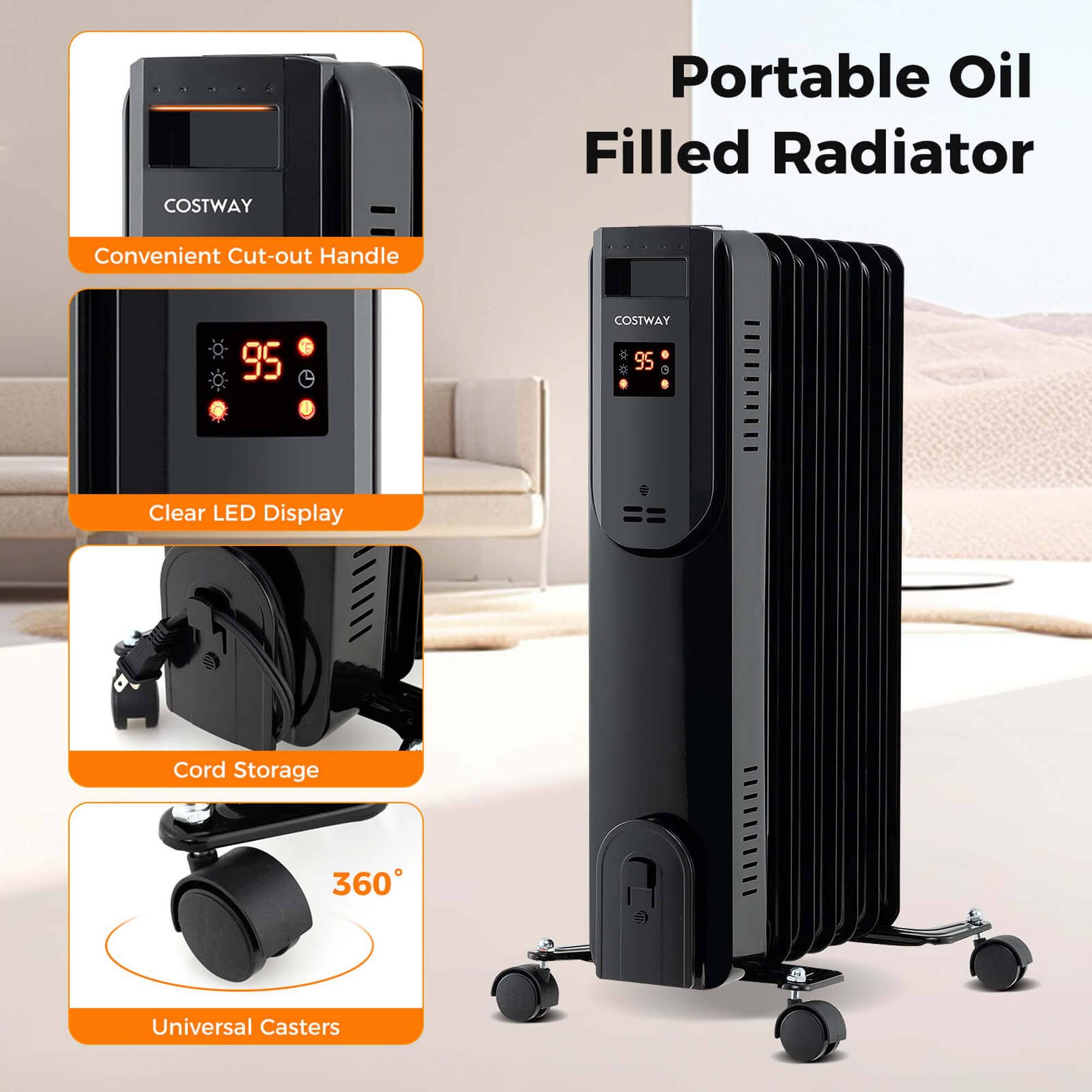 COSTWAY Portable Oil Filled Radiator

- Convenient Cut-out Handle
- Clear LED Display
- Cord Storage
- 360° Universal Casters