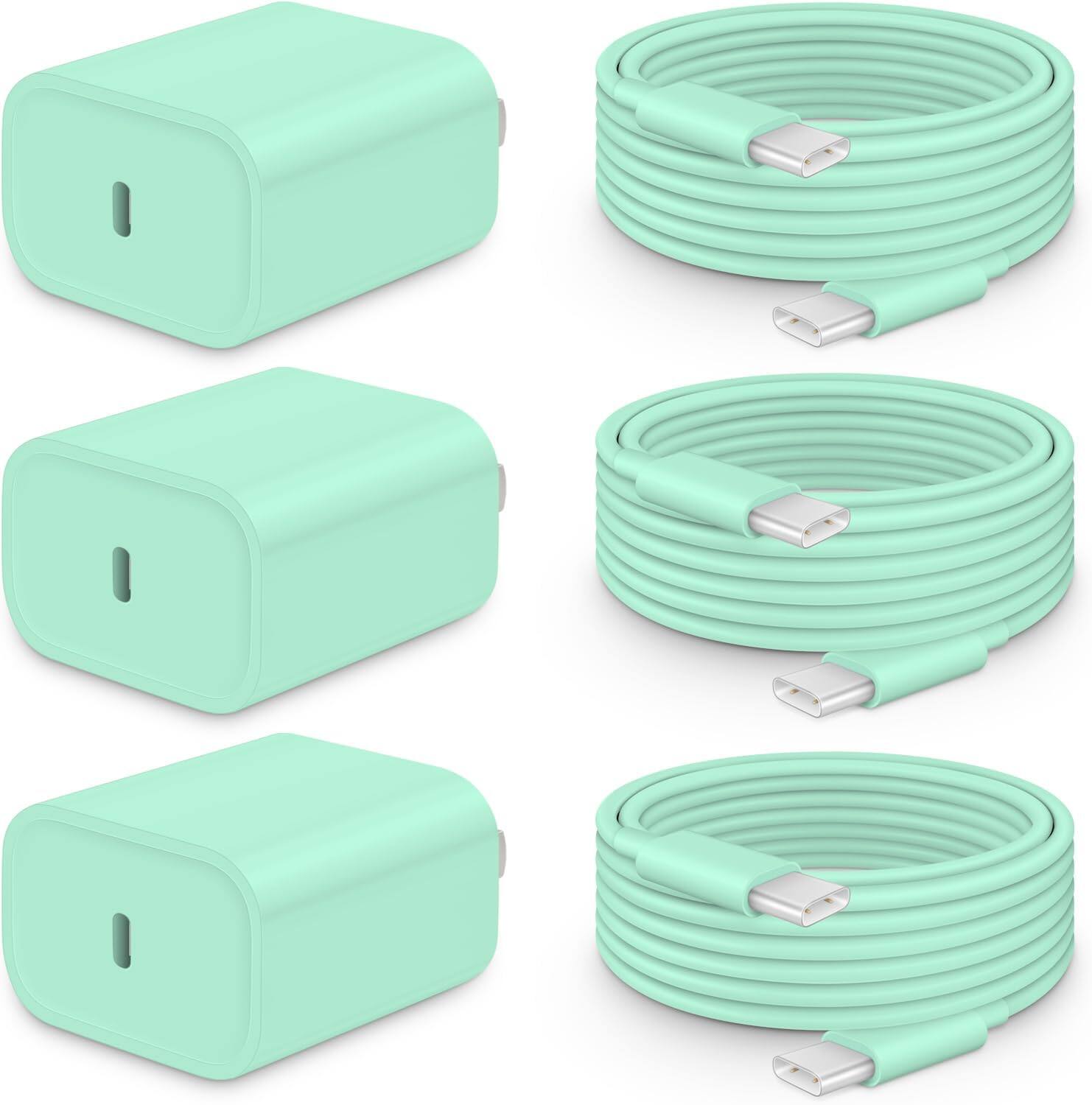 Bundle - Core Tech - 3-Pack 20W USB-C Fast Wall Chargers with 6 ft USB-C to USB-C Cables for iPhone 18/17/16/15 - Green - Green