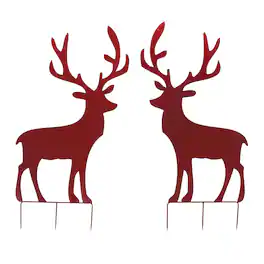 BreeBe - Metal Deer Cut-Out Yard Stakes – Set of 2 - Red