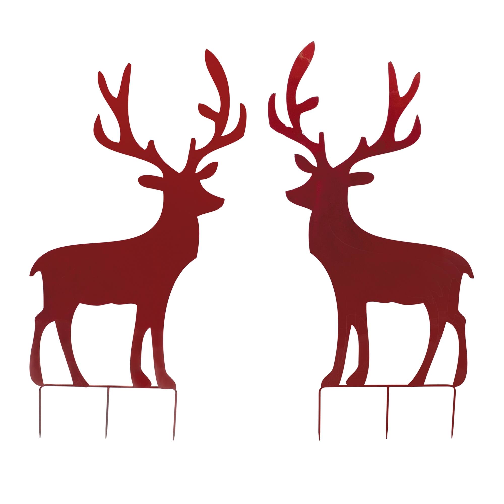 Front. BreeBe - Metal Deer Cut-Out Yard Stakes – Set of 2 - Red.