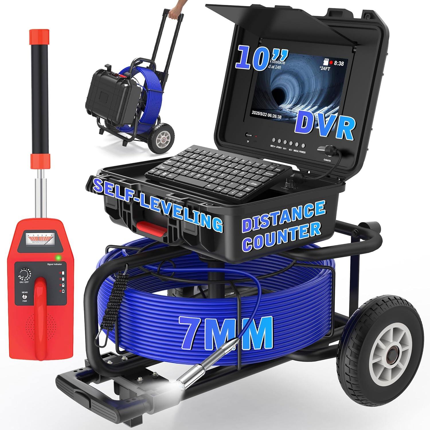 Front. Aukfa - Sewer Camera with Locator - 10" HD Borescope, Self-Leveling, IP68, 200Ft 7MM Cable, DVR, 32GB.