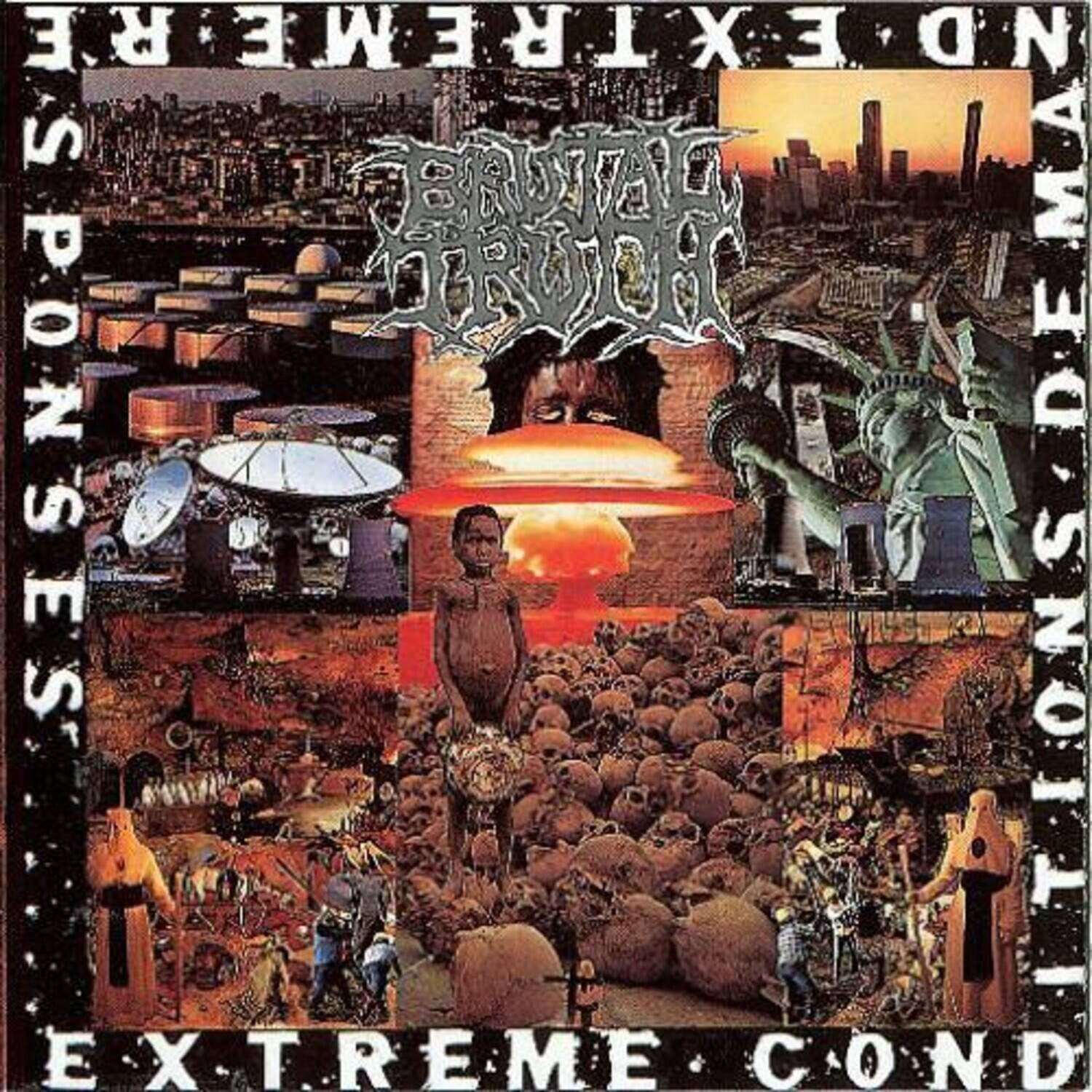 Sure, here is the corrected and grouped text from the image:

**Top Center:**
- EXTREME CONDITIONS

**Bottom Center:**
- EXTREME CONDITION

**Left Side:**
- SPOUSES

**Right Side:**
- SPOUSES

**Center (Band Name):**
- BRUTAL TRUTH