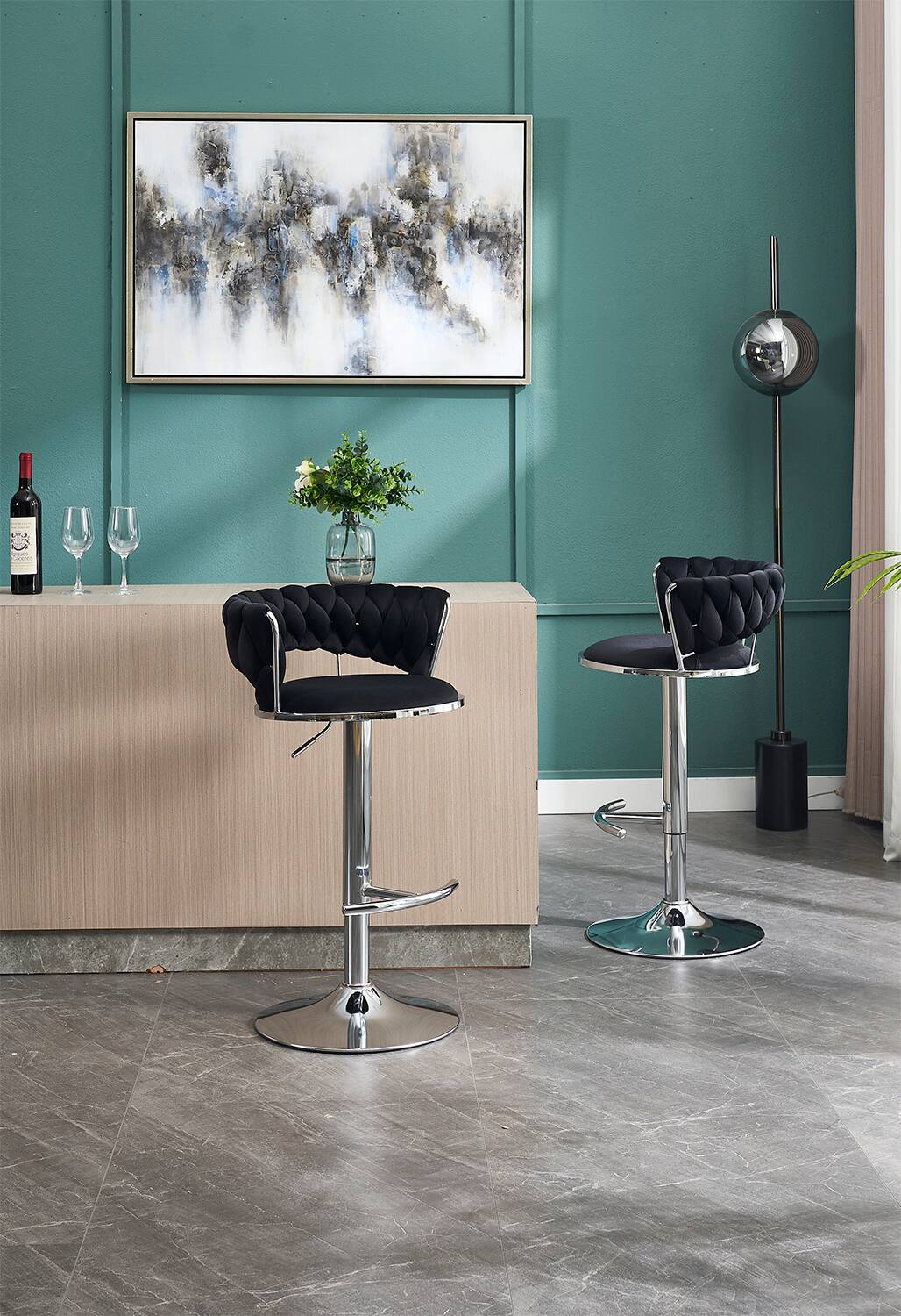 Back. APRILSOUL - Set of 2 Bar Stools Chrome Footrest Base Swivel Height Adjustable Velvet Chrome Leg BLACK - Black.