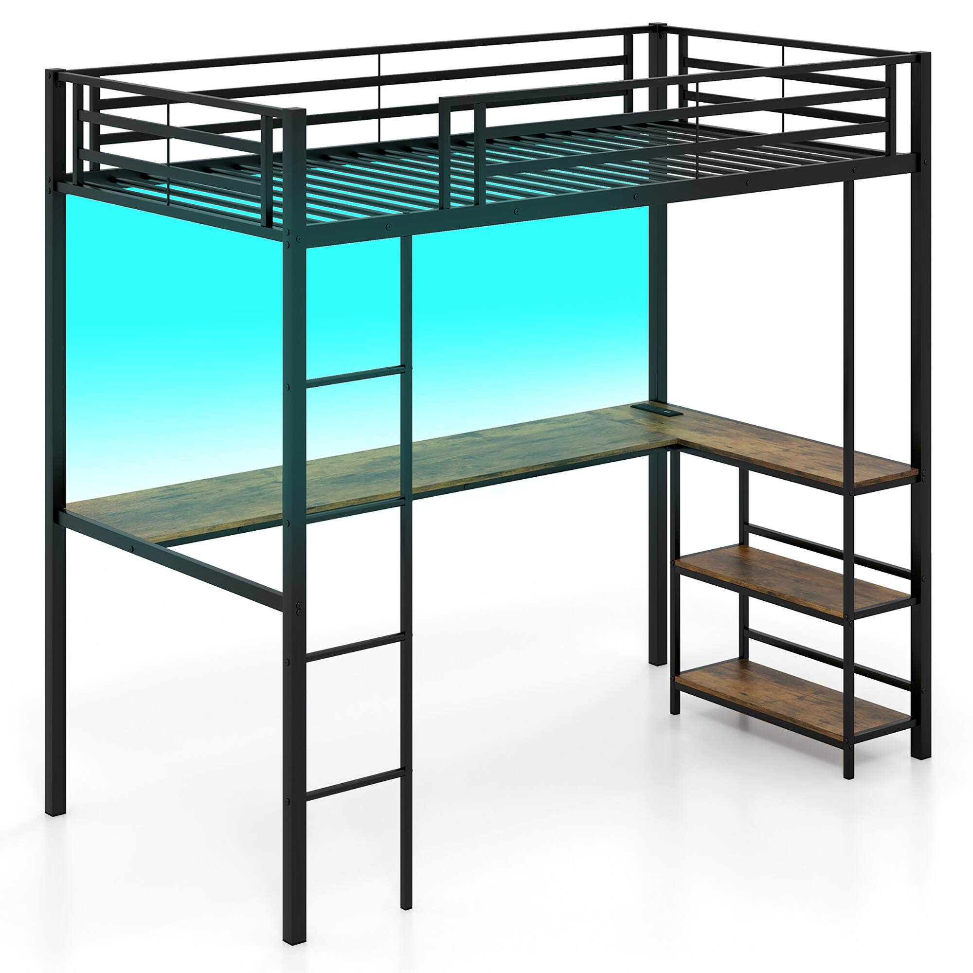 Gymax - Twin Size LED Bed Frame w/ Charging Station Upholstered Headboard 4 Drawers - Blackm, Rustic Brown