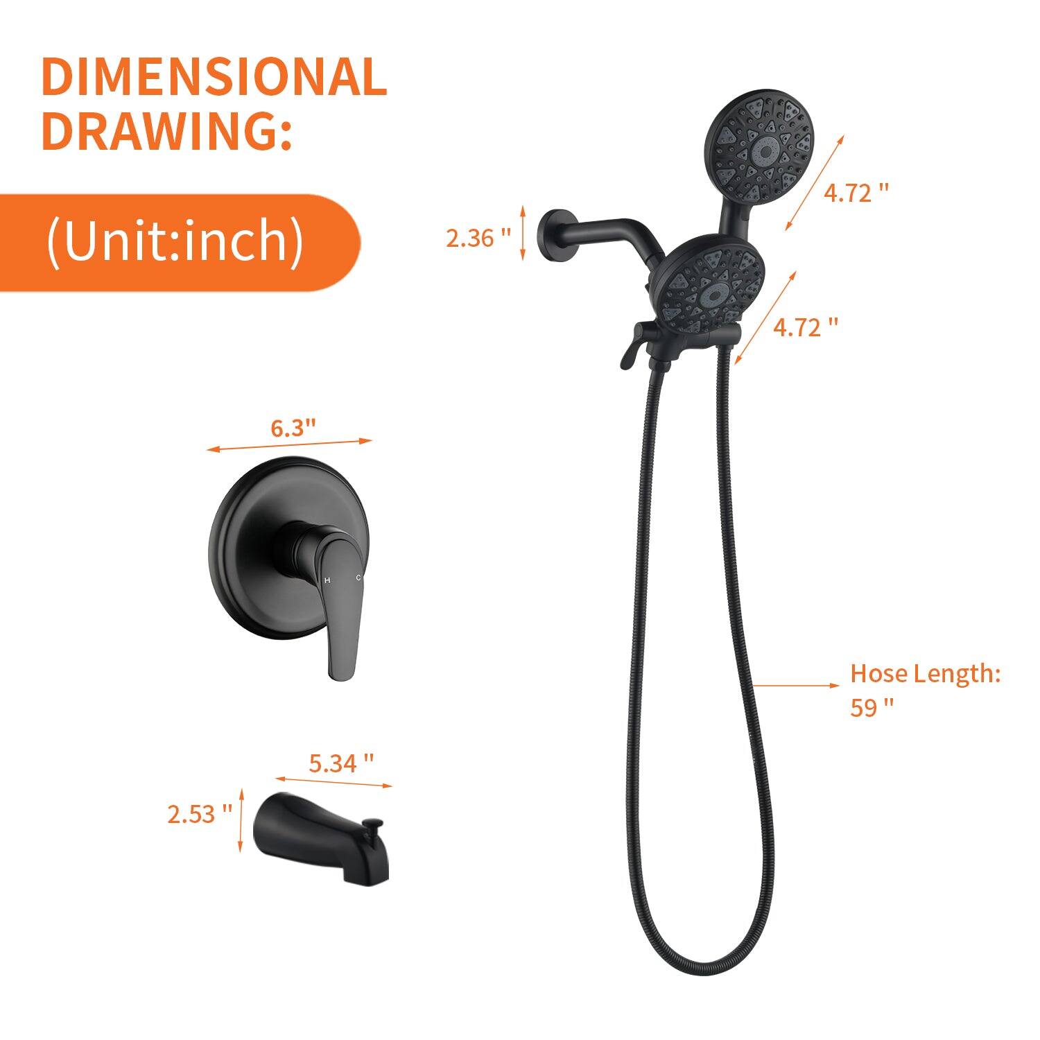 DIMENSIONAL DRAWING:  
(Unit: inch)  

- 2.36"  
- 4.72"  
- 4.72"  
- 6.3"  
- 5.34"  
- 2.53"  
- Hose Length: 59"