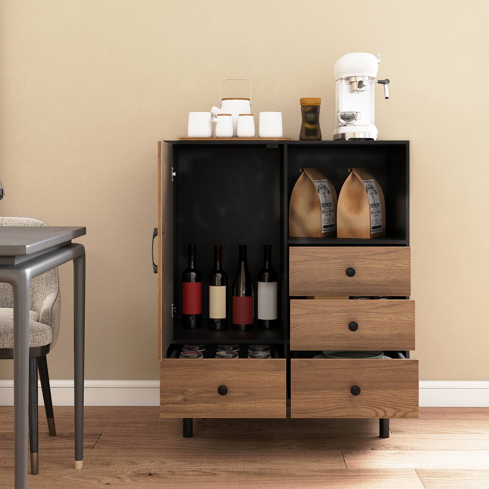 Alt View 3. Gymax - Gymax Buffet Sideboard w/ 4 Drawers & Open Compartment Heavy-Duty Metal Legs Black - Black.