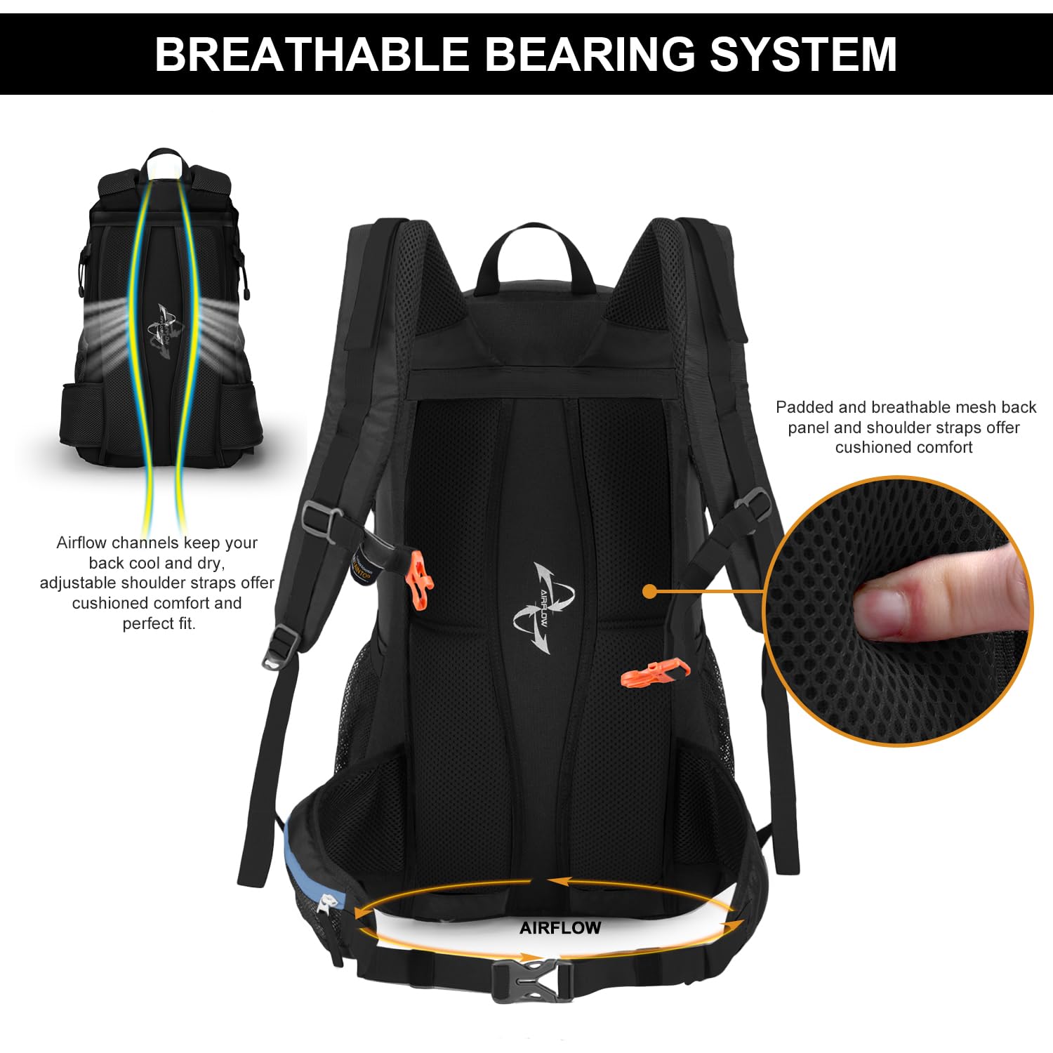 BREATHABLE BEARING SYSTEM

Padded and breathable mesh back panel and shoulder straps offer cushioned comfort.

Airflow channels keep your back cool and dry.

Adjustable shoulder straps offer cushioned comfort and perfect fit.