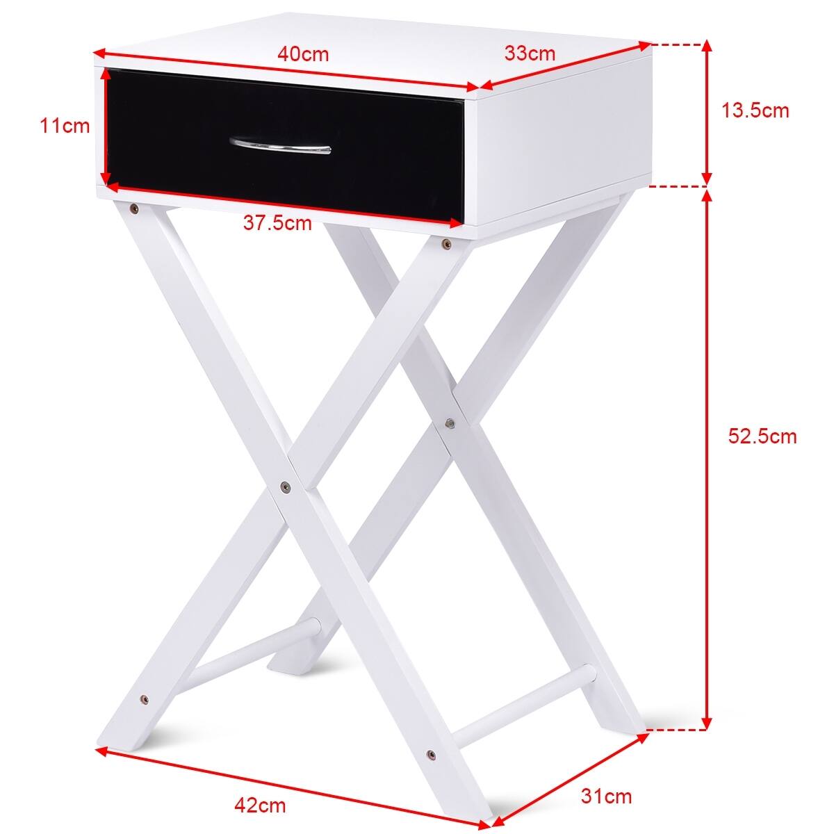 Width: 40cm
Length: 33cm
Height: 52.5cm
Depth: 13.5cm
Tabletop height: 37.5cm
Tabletop width: 11cm
Tabletop depth: 42cm
Leg width: 31cm