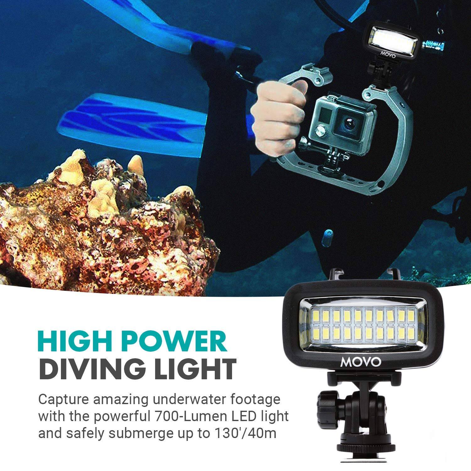 HIGH POWER DIVING LIGHT

Capture amazing underwater footage with the powerful 700-Lumen LED light and safely submerge up to 130'/40m
