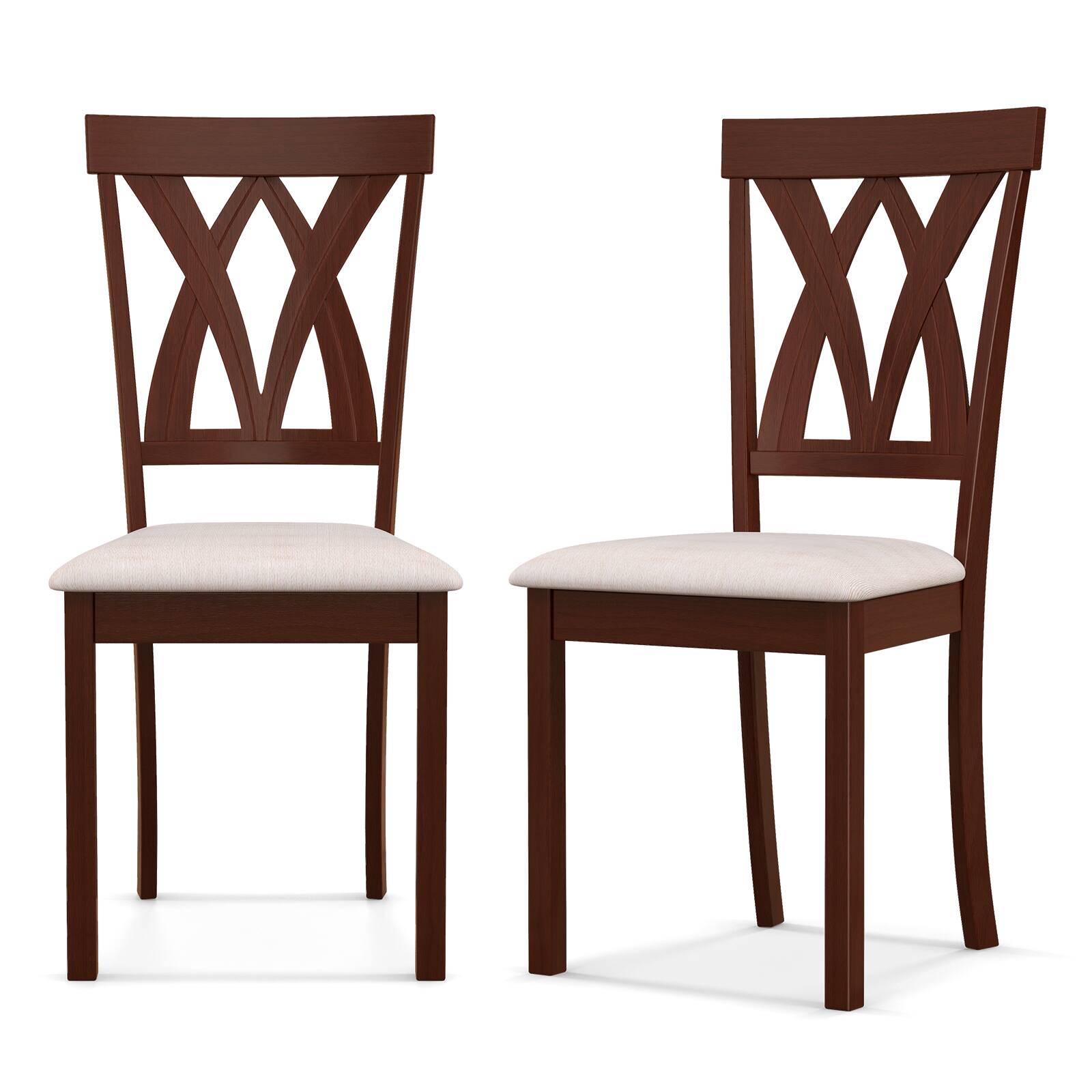 Costway - Armless Dining Chairs Set of 2 with Rubber Wood Frame Elegant Hollowed Backrest - Oak + Beige