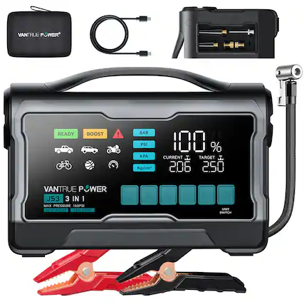 VANTRUE POWER READY BOOST
BAR PSI KPA Kg/cm²
VO 100 %
CURRENT J TARGET J
206 2.50
VANTRUE POWER P JS3 3 IN 1
MAX PRESSURE 160PSI
AUTO BOOST
LED LIGHT
UNIT SWITCH